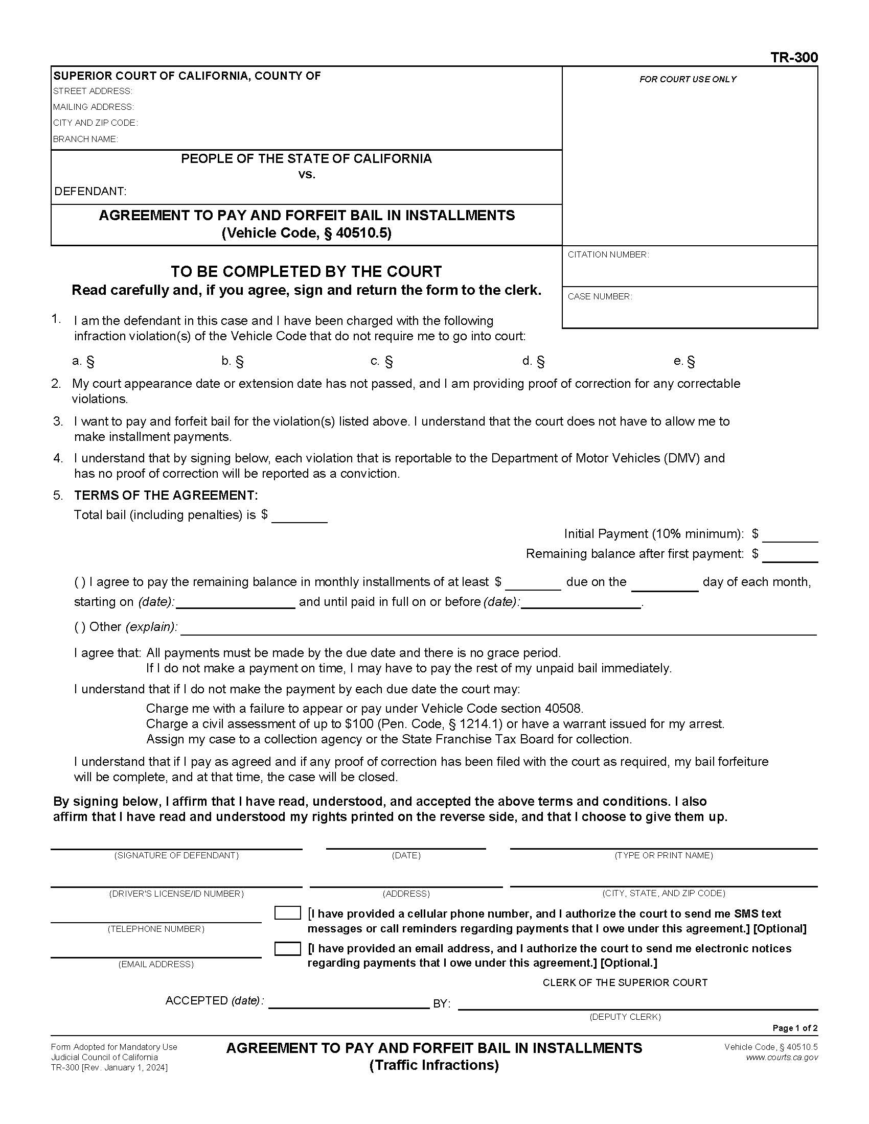 Agreement To Pay And Forfeit Bail Installments {TR-300} | Pdf Fpdf Doc Docx | California