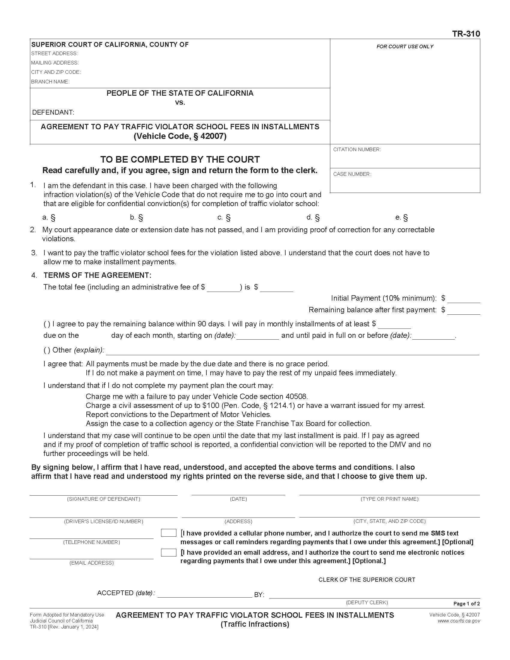 Agreement To Pay Traffic Violator School Fees In Installments {TR-310} | Pdf Fpdf Doc Docx | California