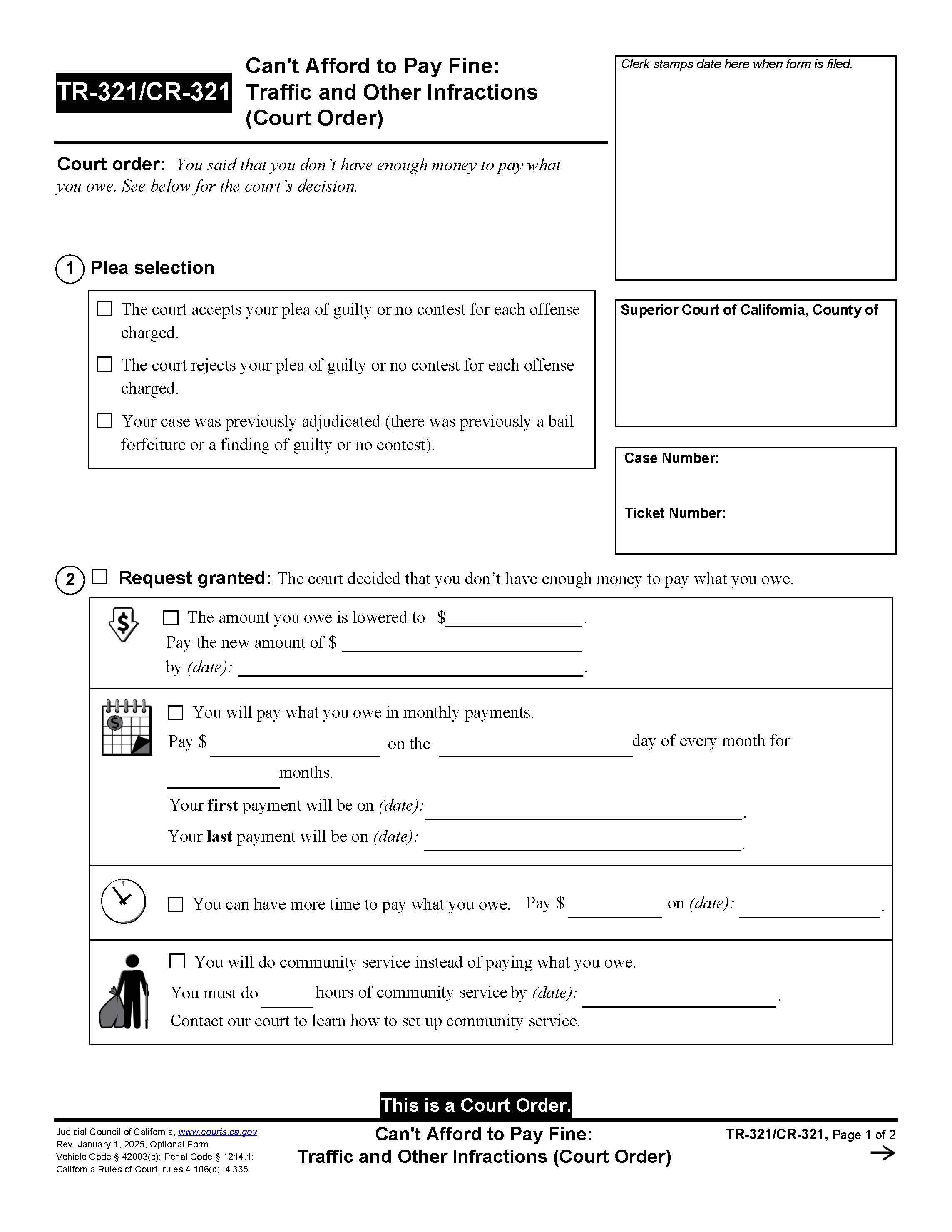 Cant Afford To Pay Fine-Traffic And Other Infractions (Court Order) {TR-321 CR-321} | Pdf Fpdf Docx | California