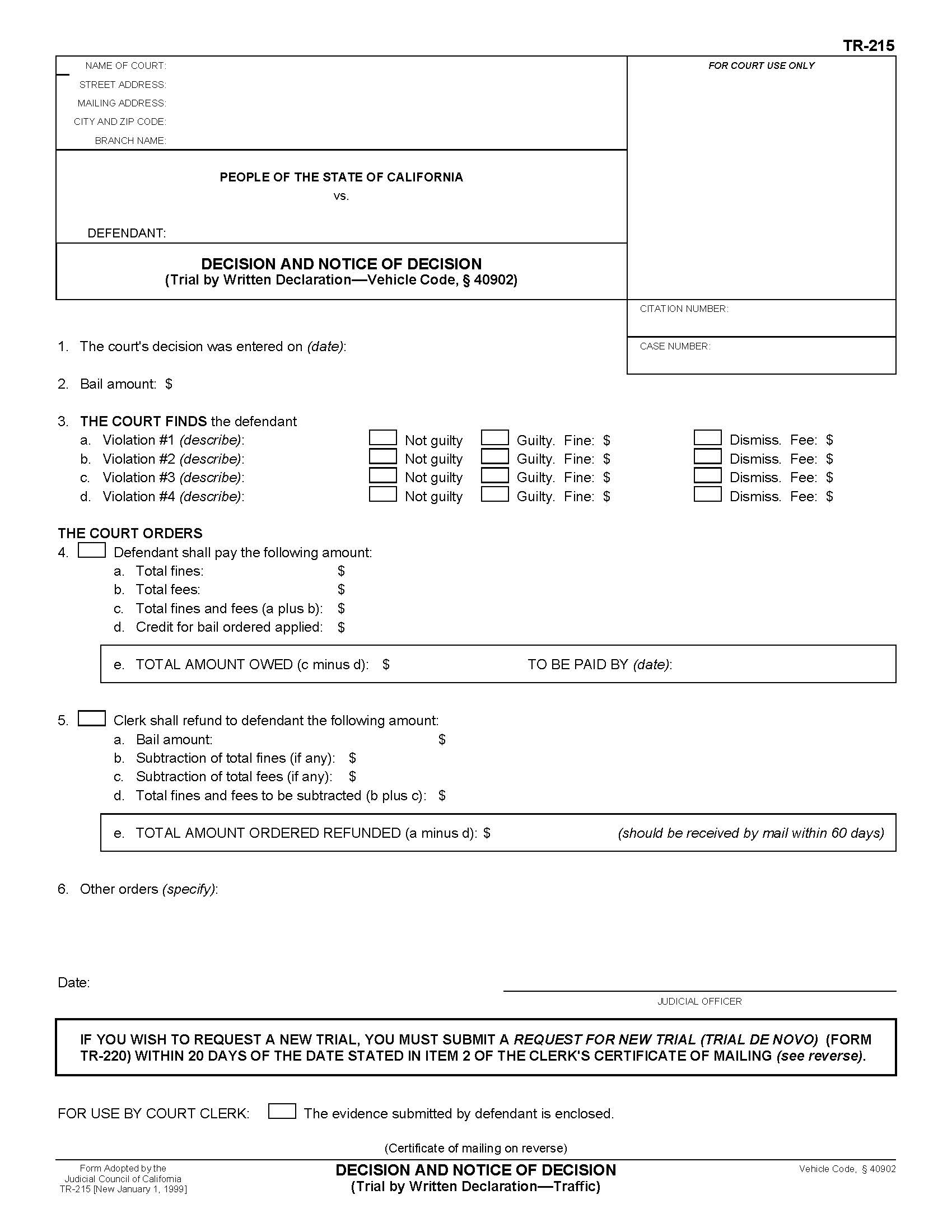 Decision And Notice Of Decision {TR-215} | Pdf Fpdf Doc Docx | California