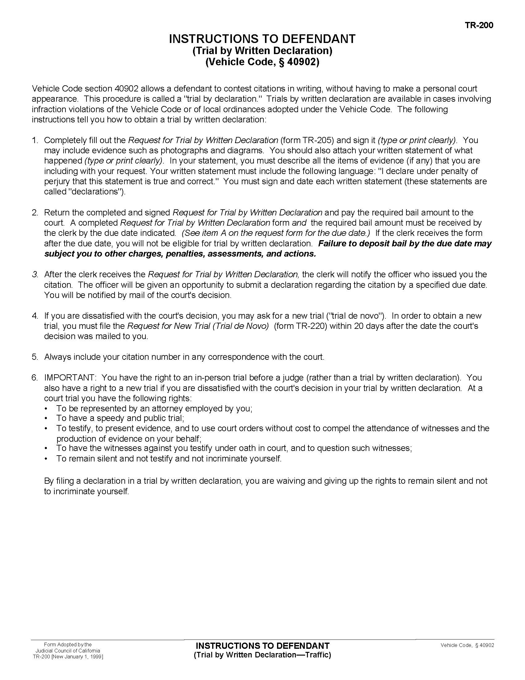 Instructions To Defendant (Trial By Written Declaration-Traffic) {TR-200} | Pdf Doc Docx | California