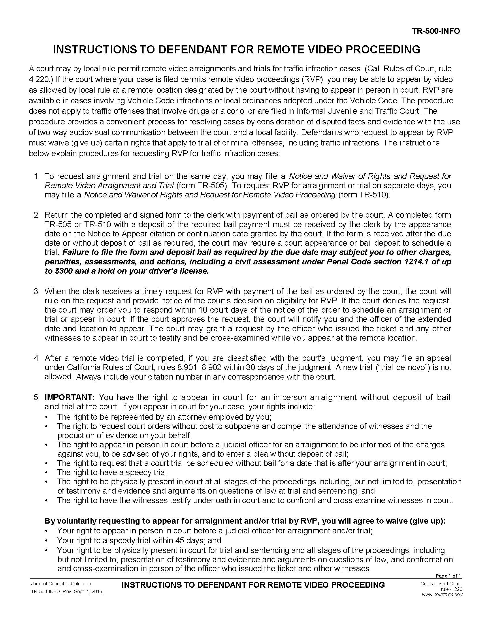 Instructions To Defendent For Remote Video Proceeding {TR-500-INFO} | Pdf Fpdf Doc Docx | California