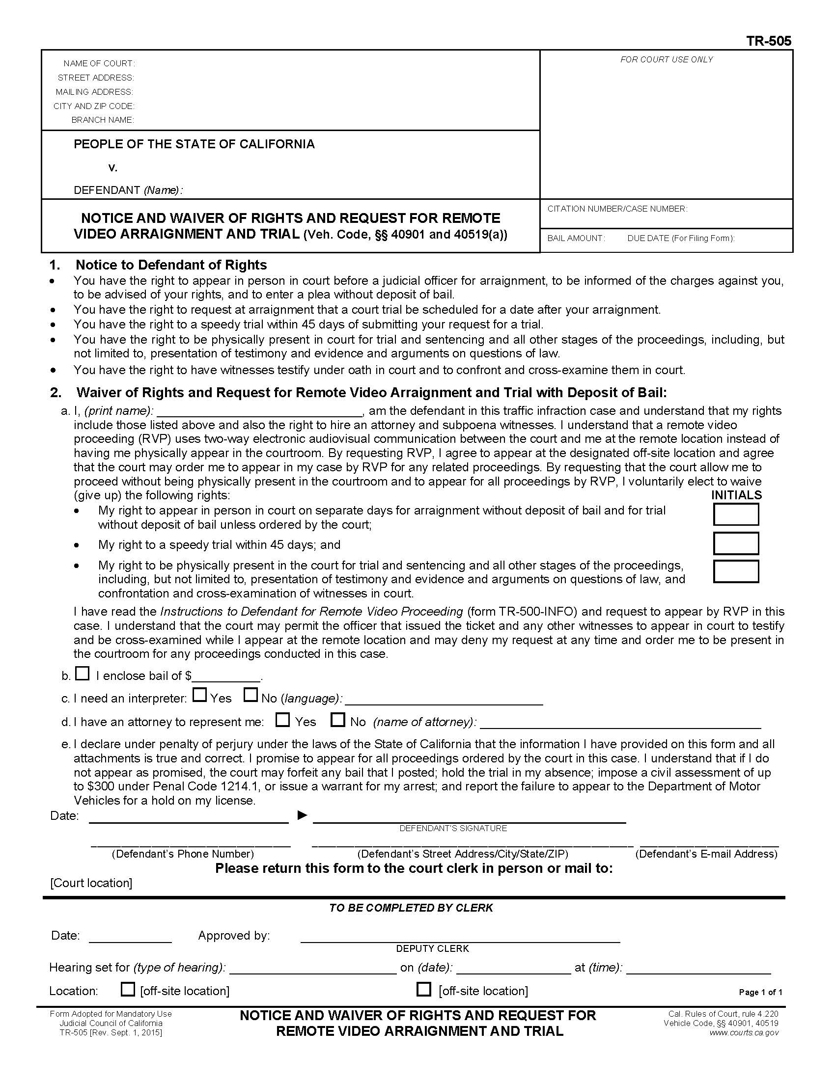 Notice And Waiver Of Rights And Request For Remote Video Arraignment And Trial {TR-505} | Pdf Fpdf Doc Docx | California