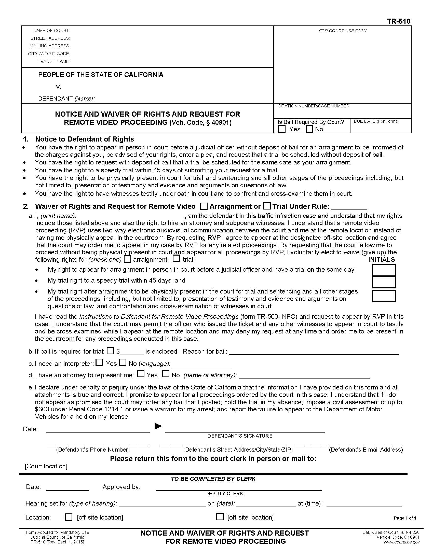 Notice And Waiver Of Rights And Request For Remote Video Proceeding {TR-510} | Pdf Fpdf Doc Docx | California