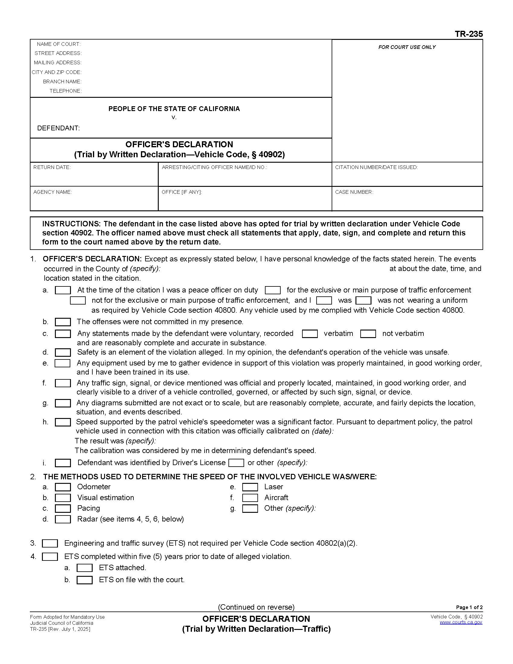 Officers Declaration {TR-235} | Pdf Fpdf Doc Docx | California