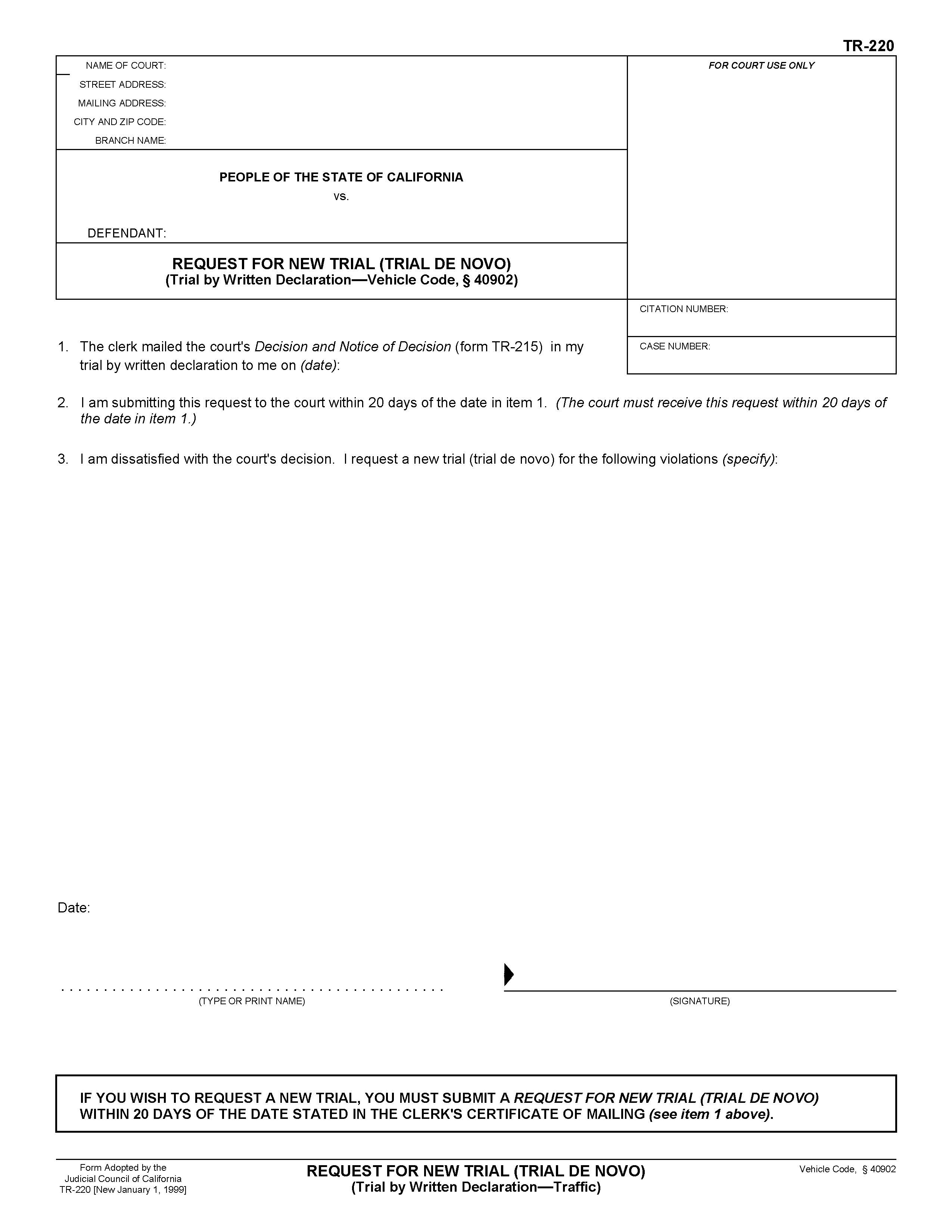 Request For New Trial (Trial de Novo) {TR-220} | Pdf Fpdf Doc Docx | California