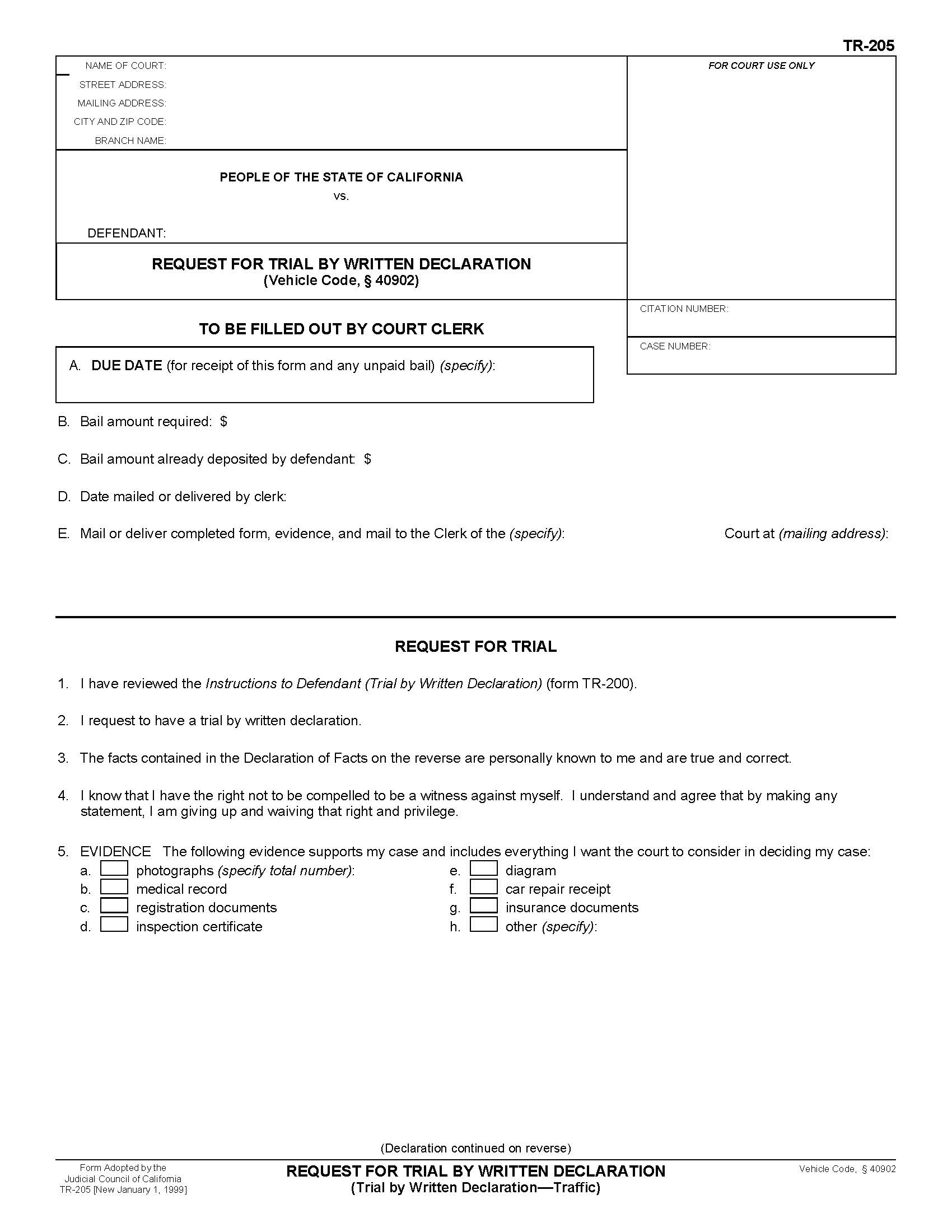 Request For Trial By Written Declaration {TR-205} | Pdf Fpdf Doc Docx | California