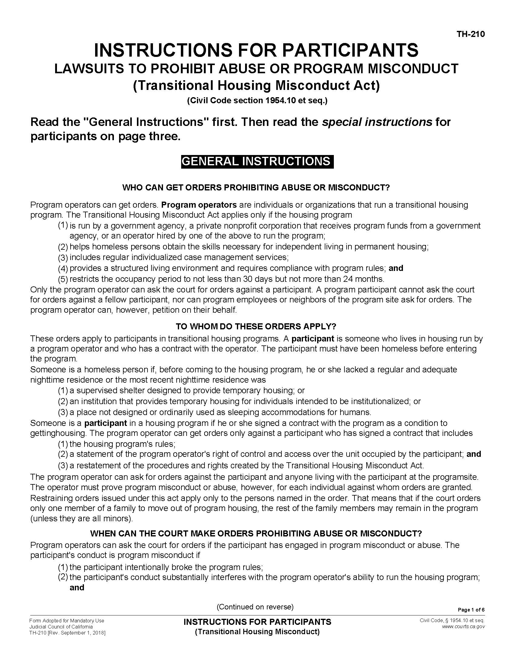 Instructions For Participants (Transitional Housing Misconduct) {TH-210} | Pdf Fpdf Docx | California