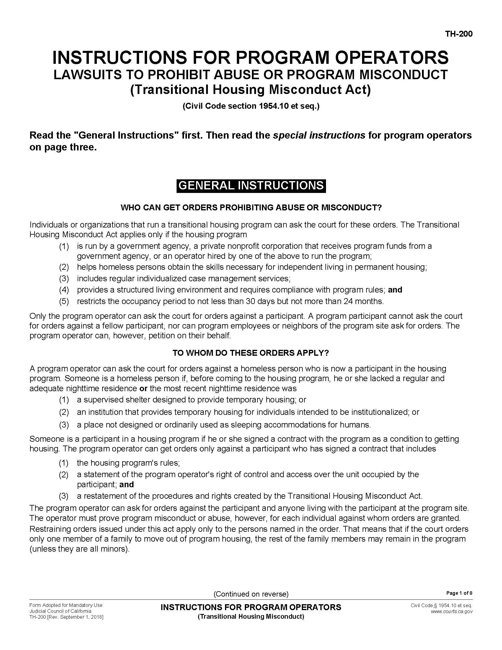 Instructions For Program Operators (Transitional Housing Misconduct) {TH-200} | Pdf Fpdf Docx | California