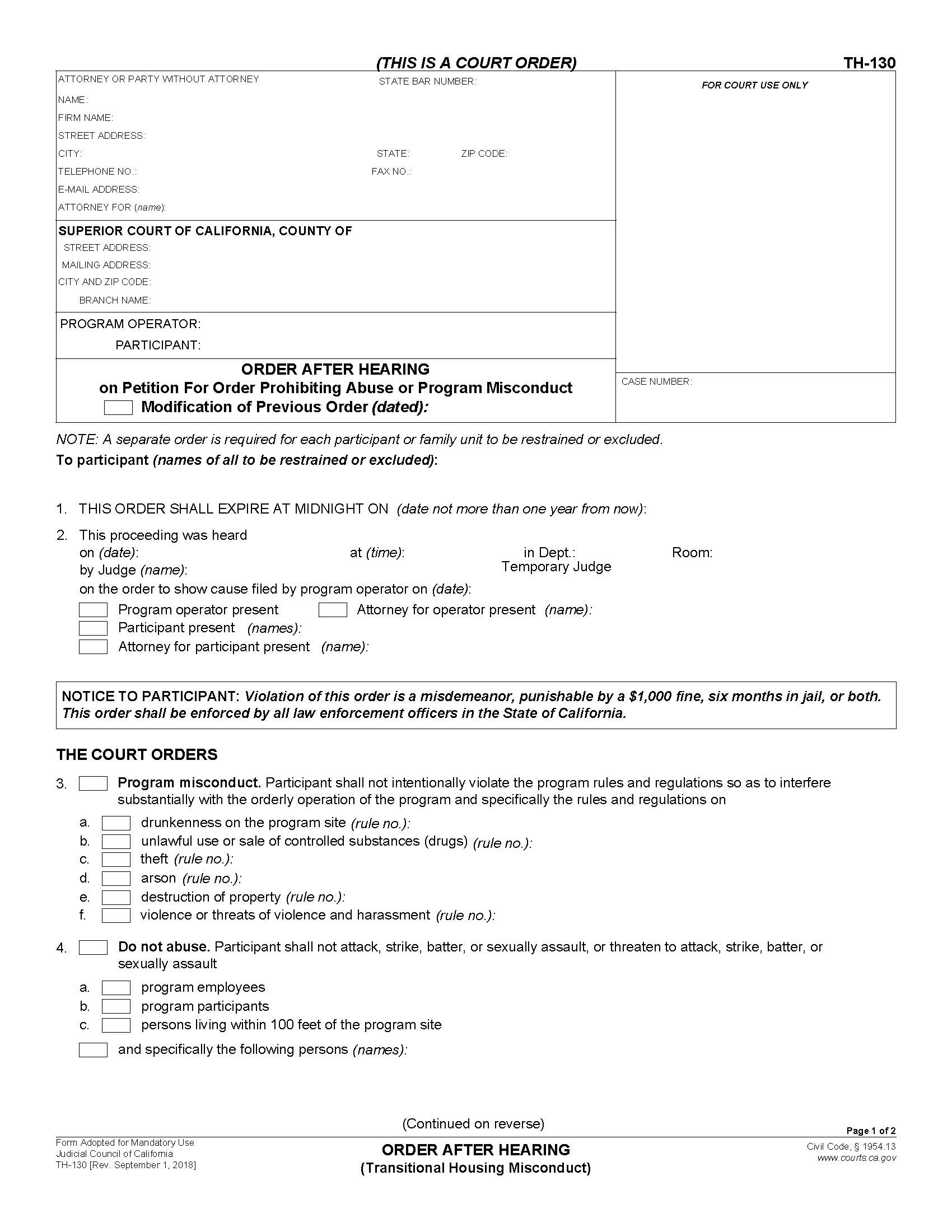 Order After Hearing (Transitional Housing Misconduct) {TH-130} | Pdf Fpdf Docx | California