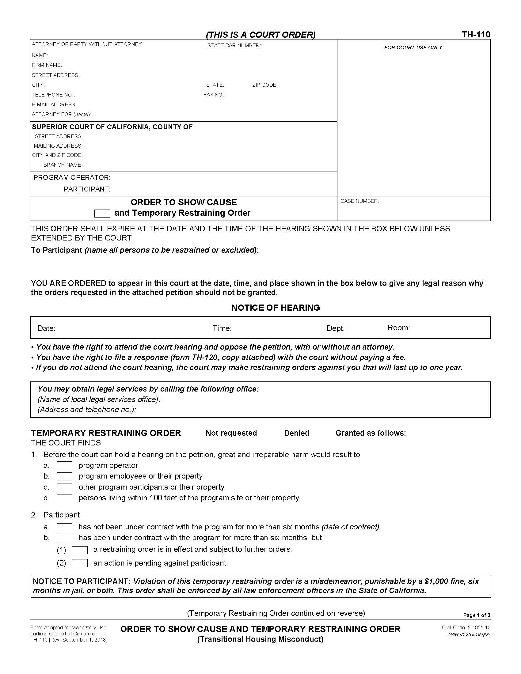 Order To Show Cause And Temporary Restraining Order (Transitional Housing Misconduct) {TH-110} | Pdf Fpdf Docx | California