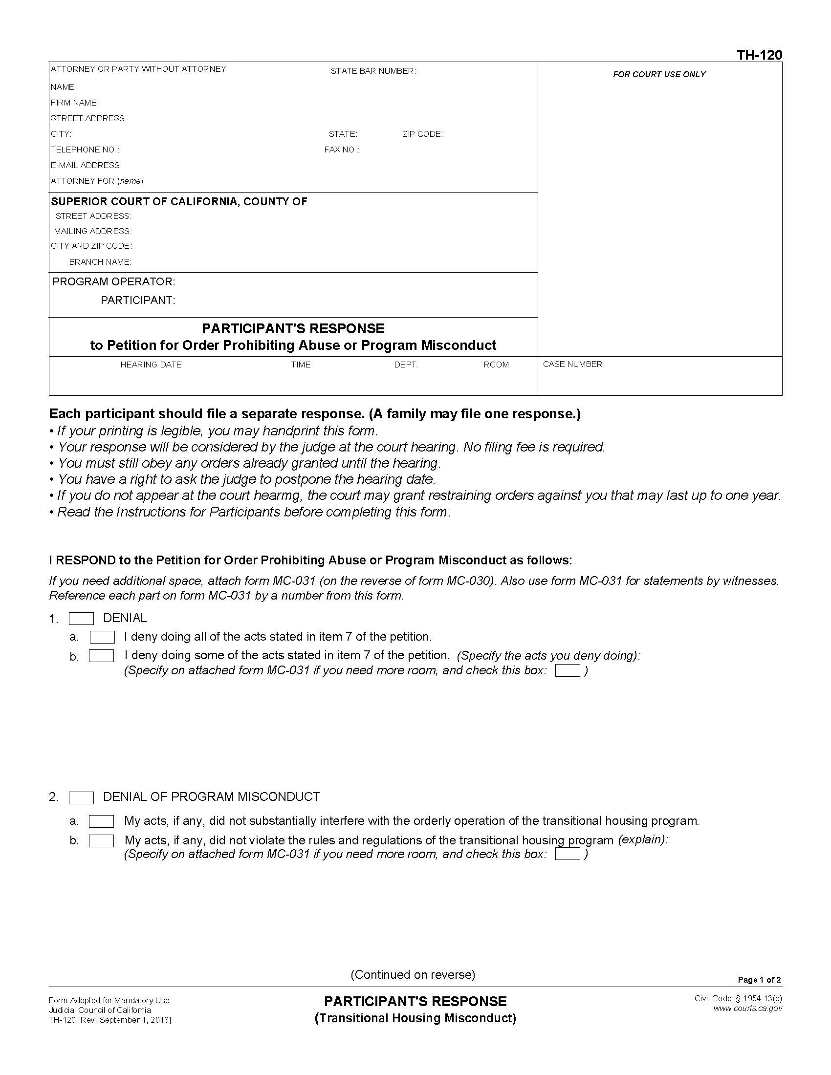 Participants Response To Petition For Order Prohibiting Abuse Or Program Misconduct {TH-120} | Pdf Fpdf Docx | California
