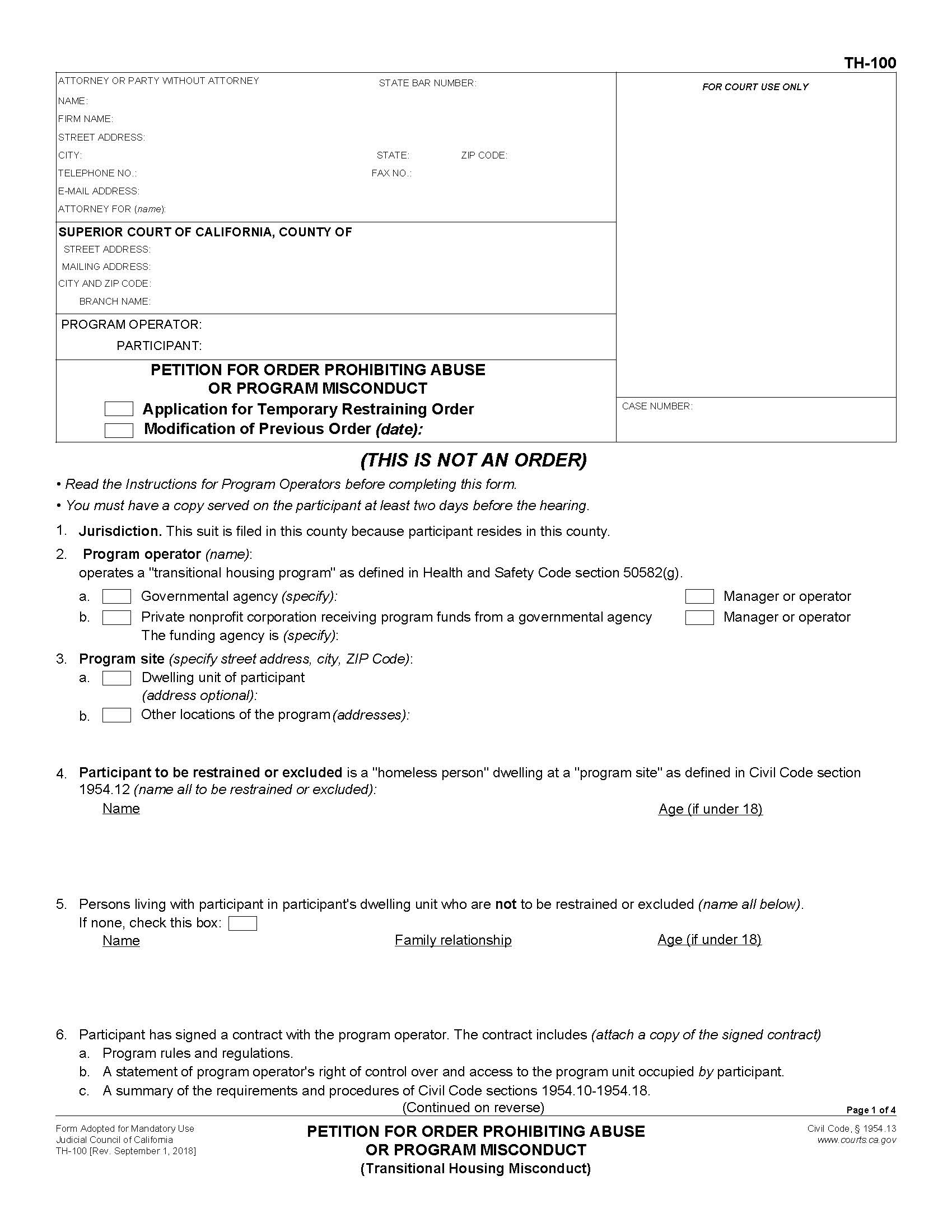 Petition For Order Prohibiting Abuse Or Program Misconduct {TH-100} | Pdf Fpdf Docx | California