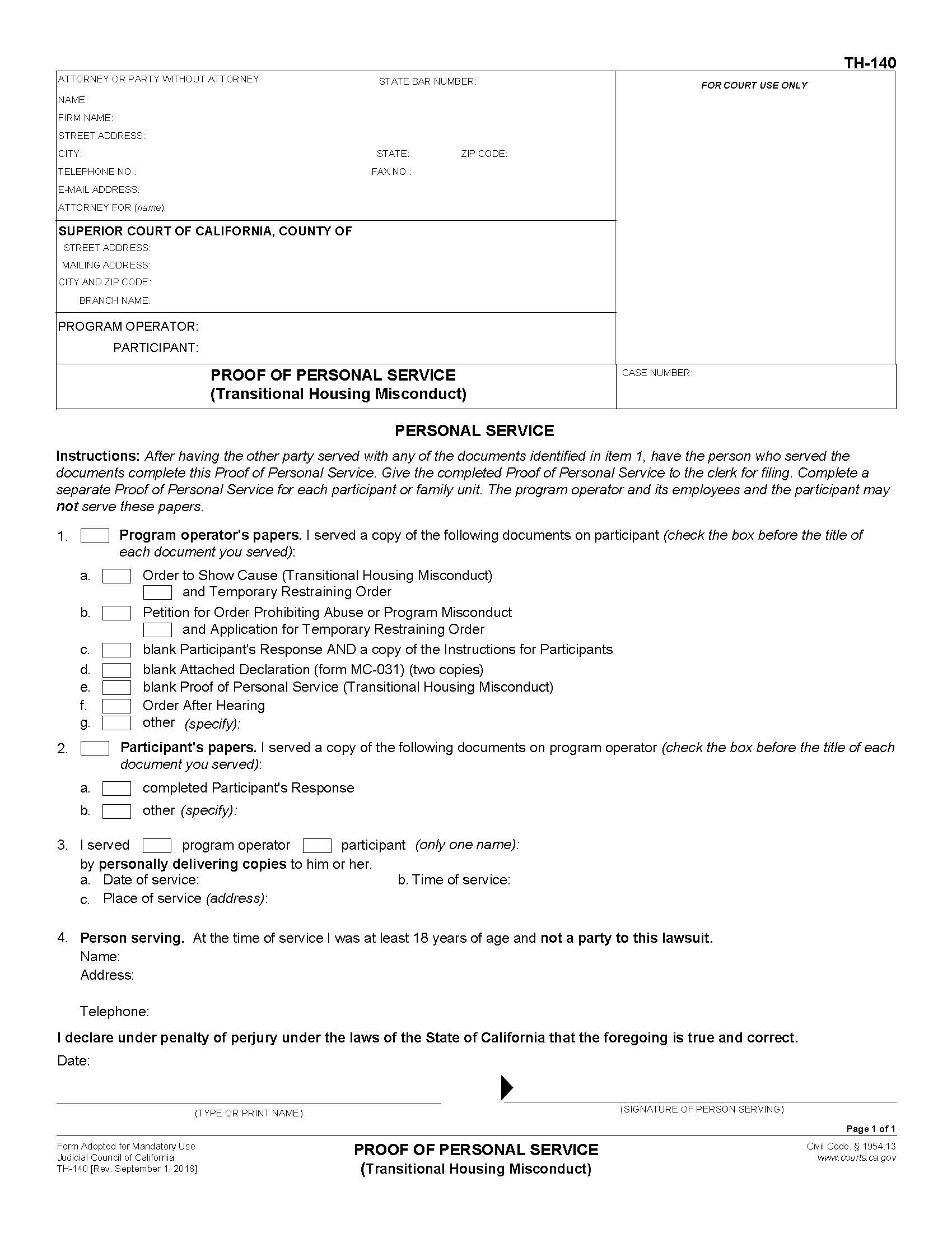 Proof Of Personal Service (Transitional Housing Misconduct) {TH-140} | Pdf Fpdf Docx | California
