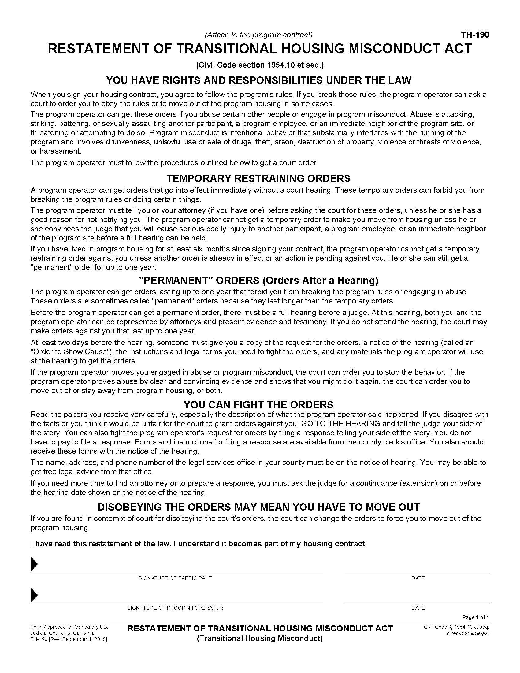 Restatement Of Transitional Housing Misconduct Act {TH-190} | Pdf Fpdf Docx | California