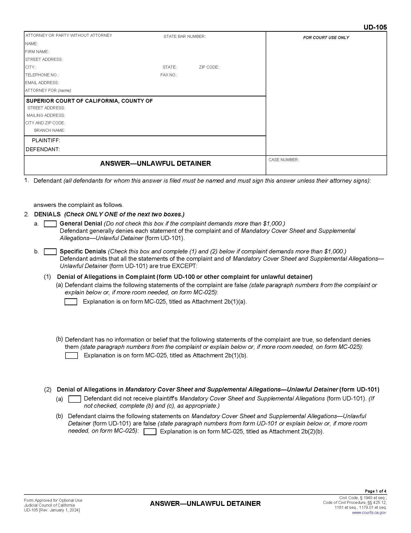 Answer-Unlawful Detainer {UD-105} | Pdf Fpdf Docx | California