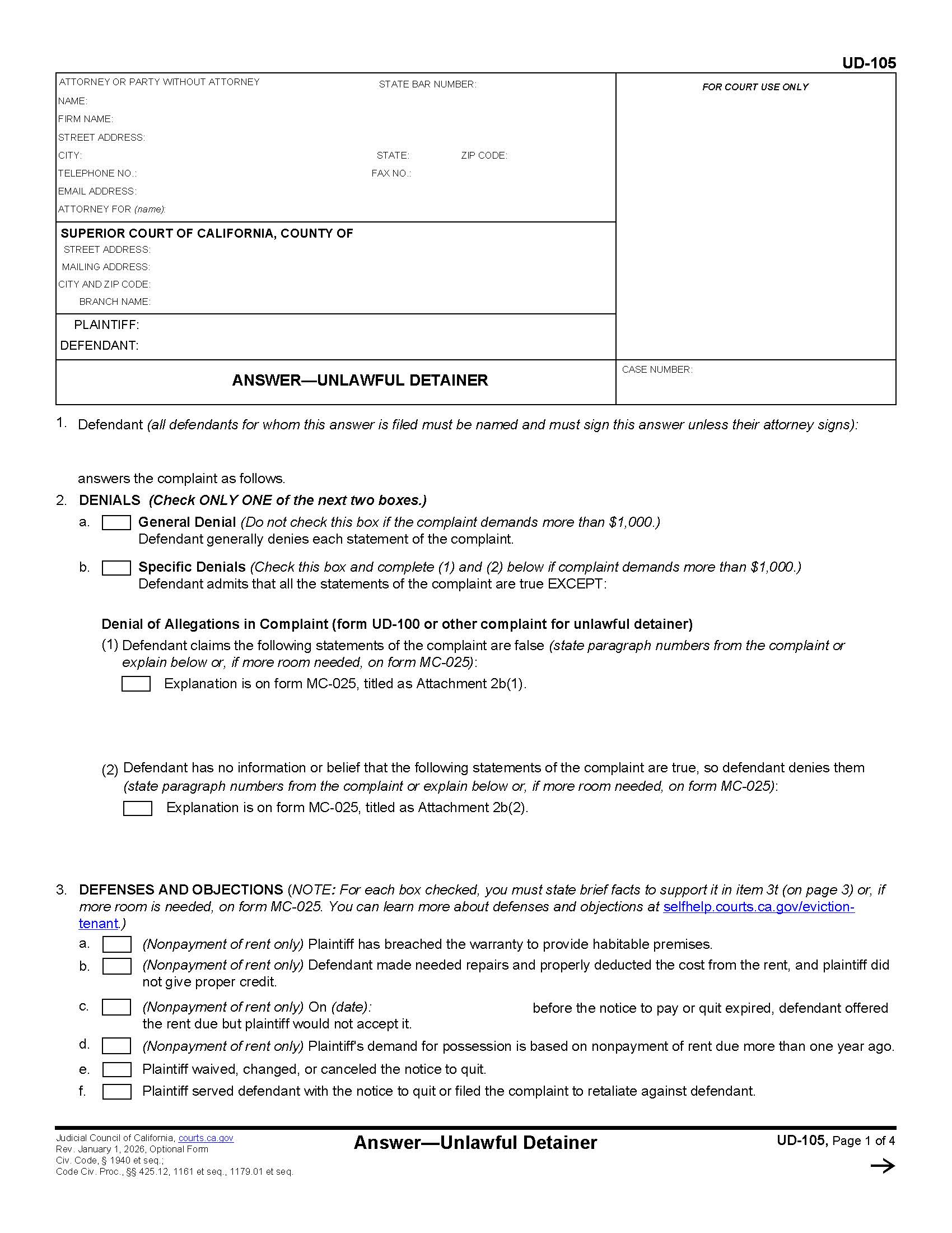 Answer-Unlawful Detainer {UD-105} | Pdf Fpdf Docx | California