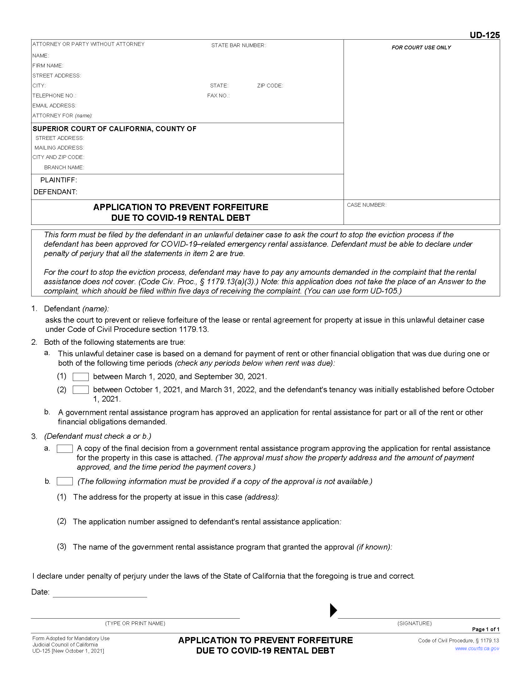 Application To Prevent Forfeiture Due To COVID-19 Rental Debt {UD-125} | Pdf Fpdf Docx | California