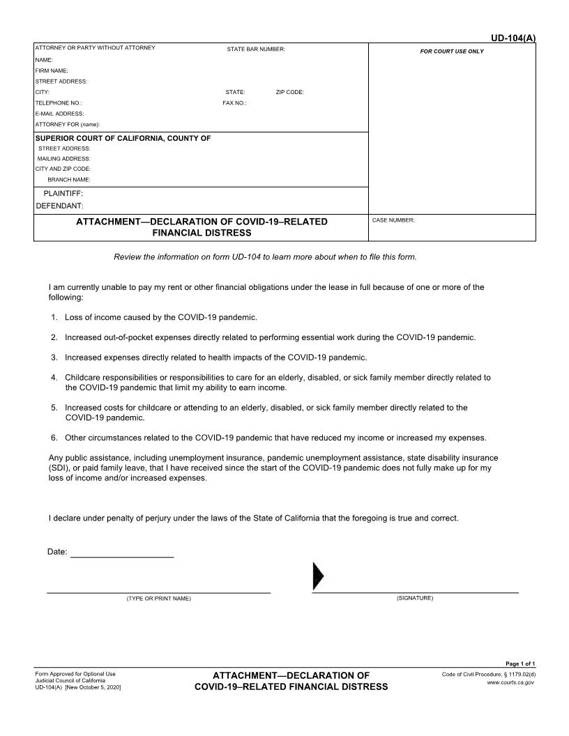 Attachment-Declaration Of Covid-19-Related Financial Distress {UD-104(A)} | Pdf Fpdf Docx | California
