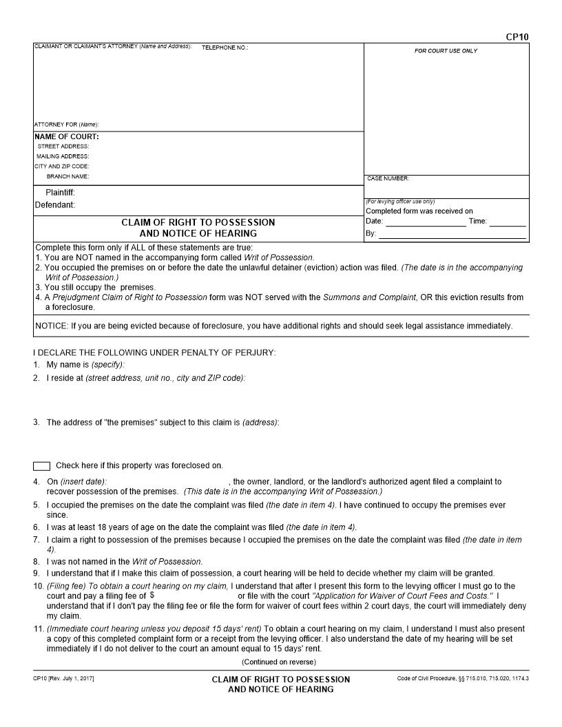 Claim Of Right To Possession And Notice Of Hearing {CP10} | Pdf Fpdf Docx | California