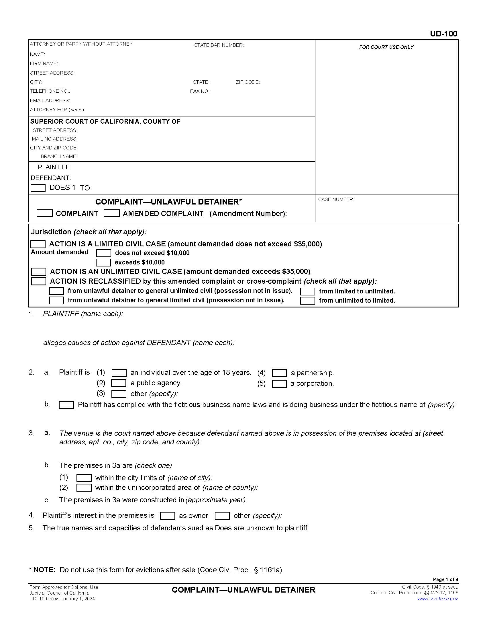 Complaint-Unlawful Detainer {UD-100} | Pdf Fpdf Docx | California