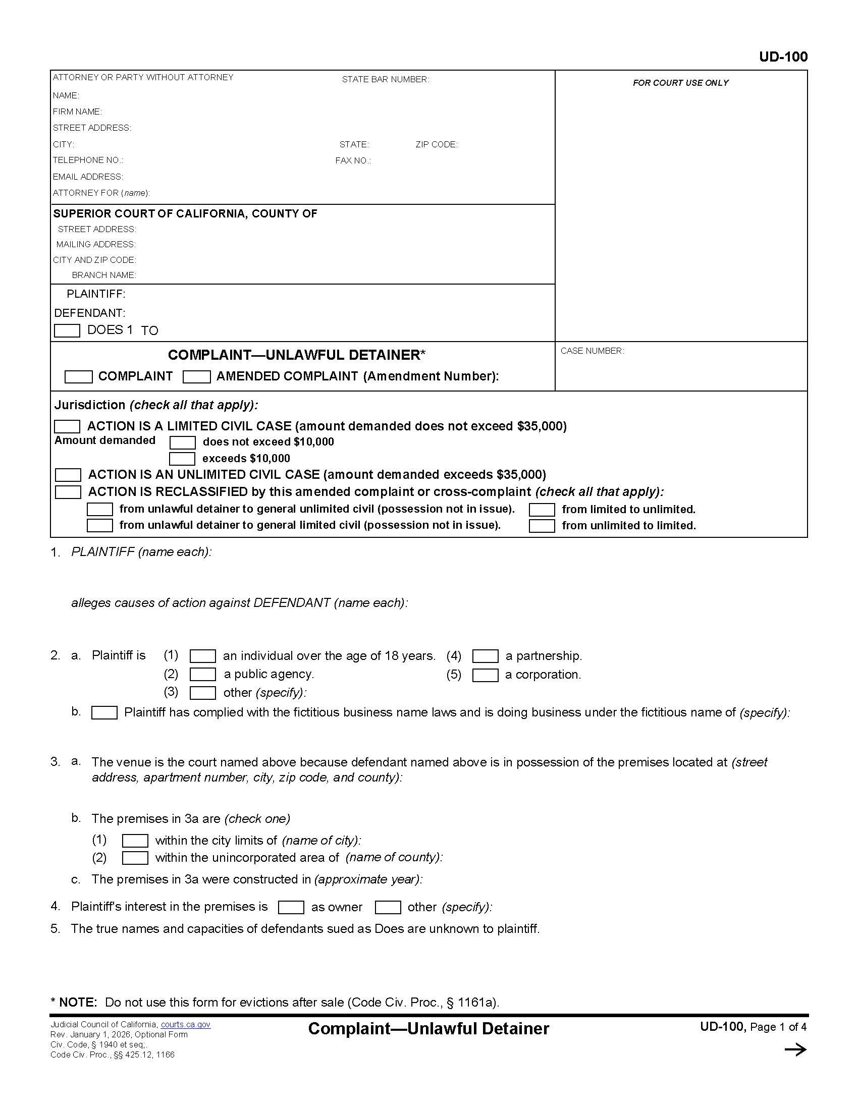 Complaint-Unlawful Detainer {UD-100} | Pdf Fpdf Docx | California