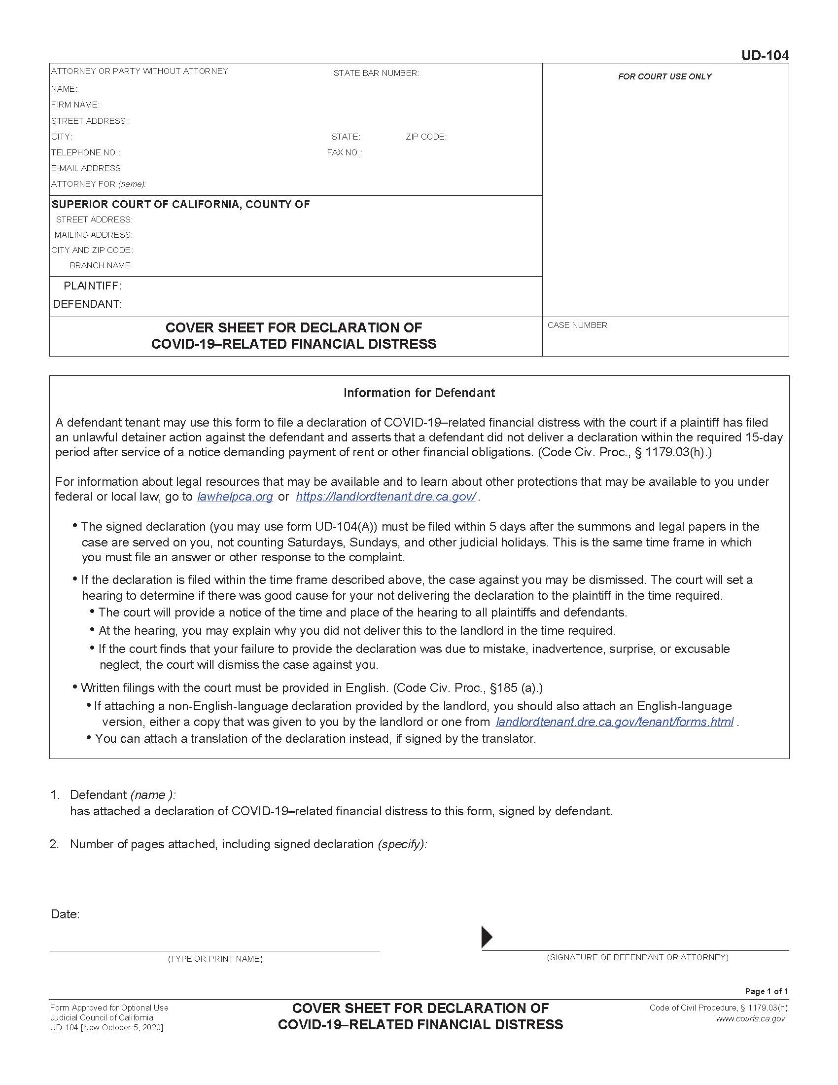 Cover Sheet For Declaration Of Covid-19-Related Financial Distress {UD-104} | Pdf Fpdf Docx | California