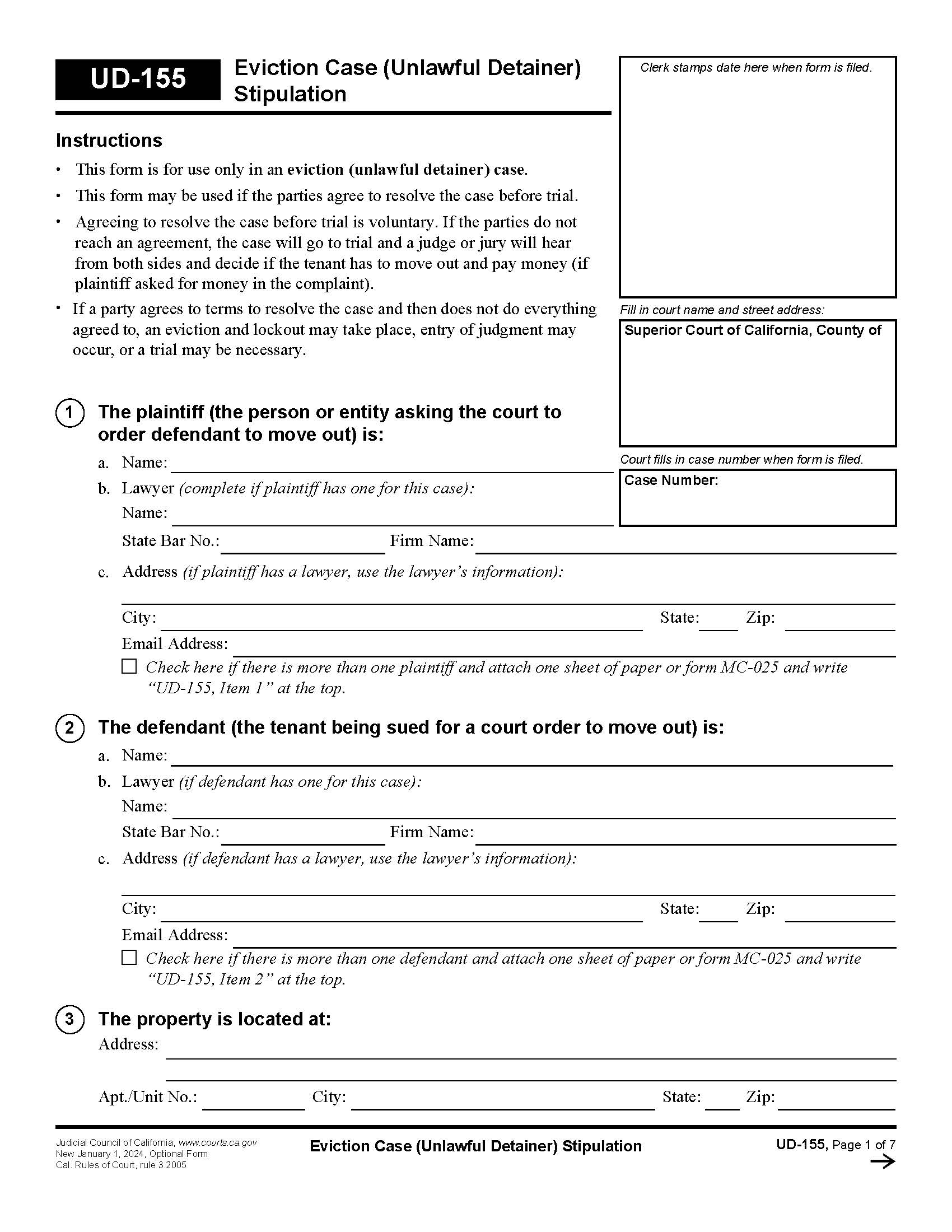 Eviction Case (Unlawful Detainer) Stipulation {UD-155} | Pdf Fpdf Docx | California