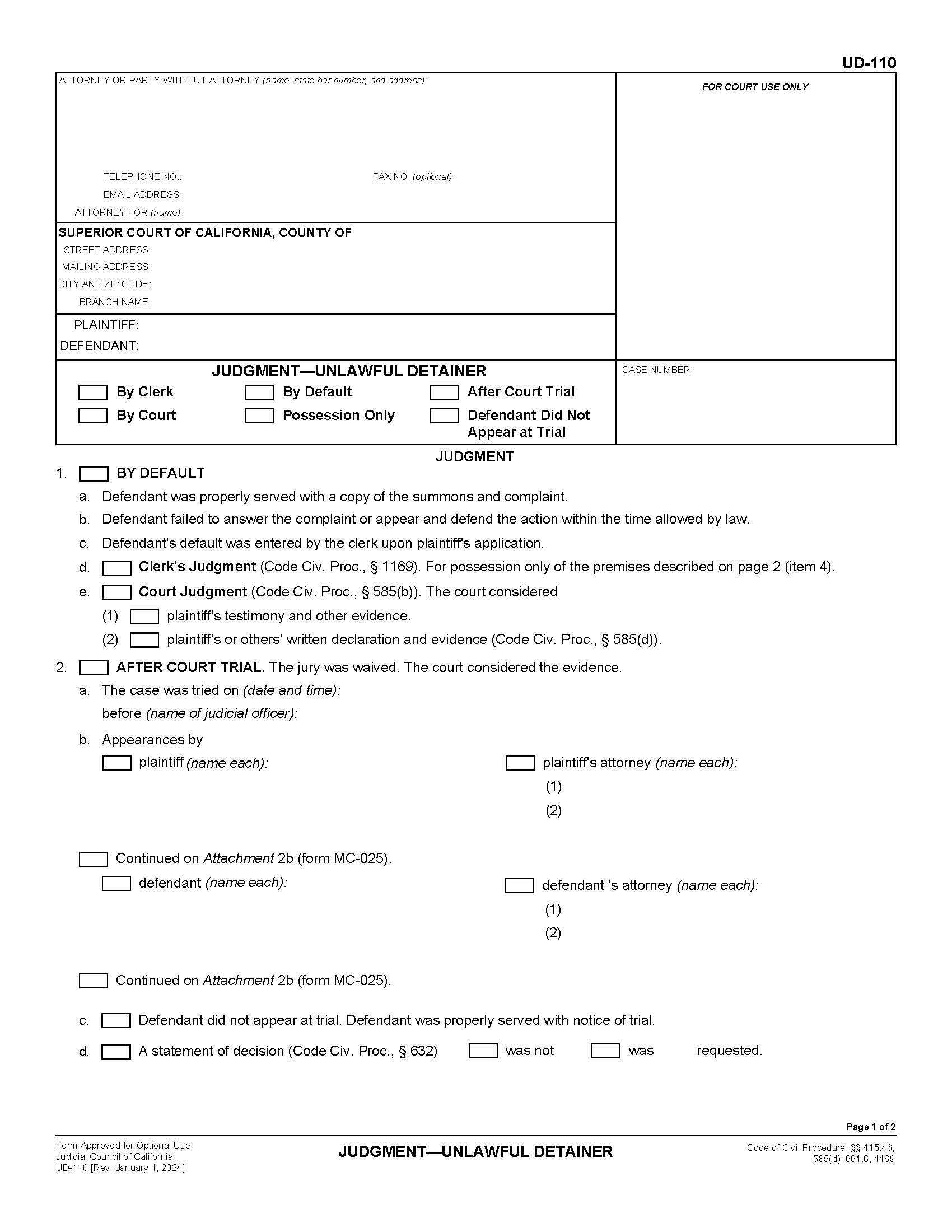 Judgment-Unlawful Detainer {UD-110} | Pdf Fpdf Doc Docx | California