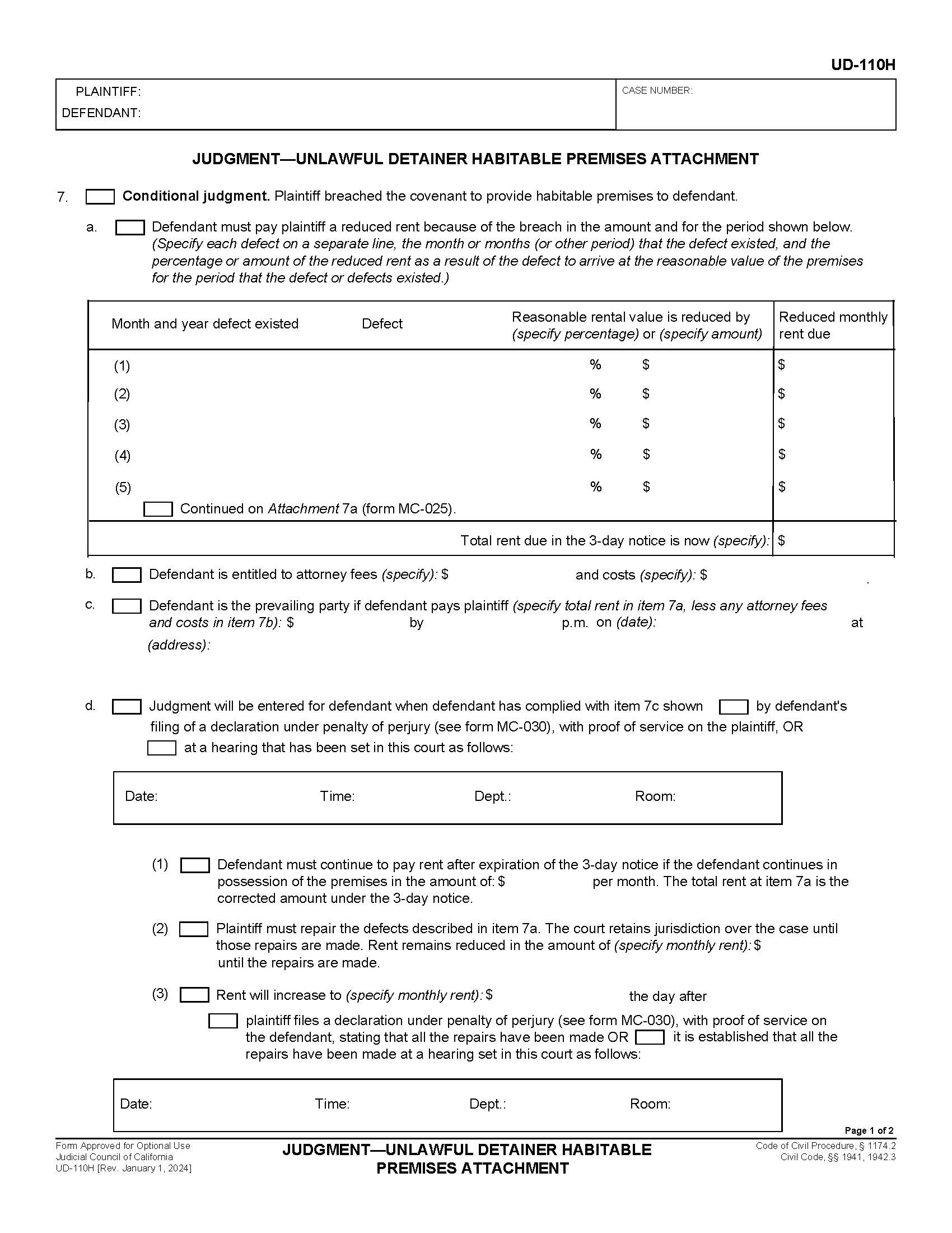 Judgment-Unlawful Detainer Attachment {UD-110H} | Pdf Fpdf Doc Docx | California
