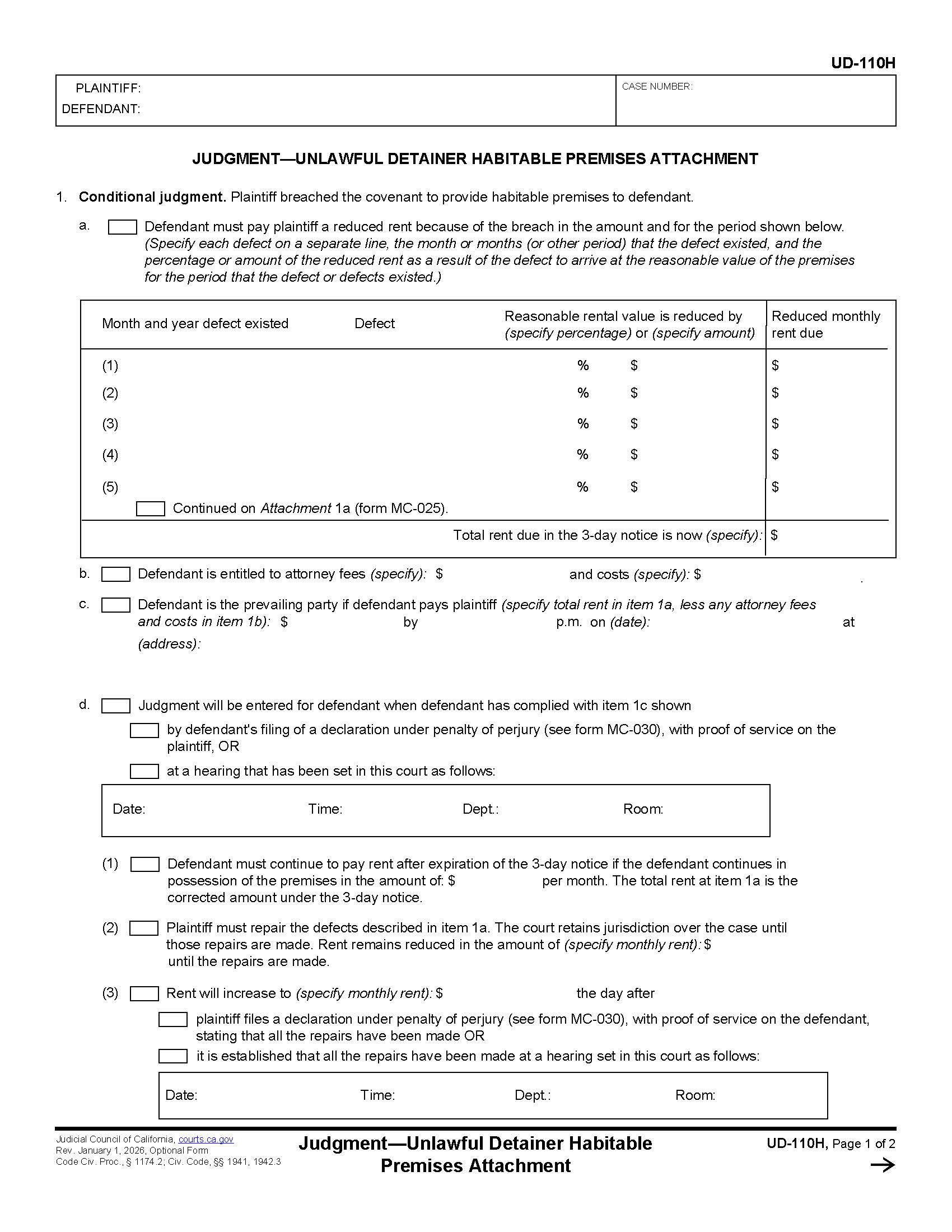 Judgment-Unlawful Detainer Attachment {UD-110H} | Pdf Fpdf Doc Docx | California