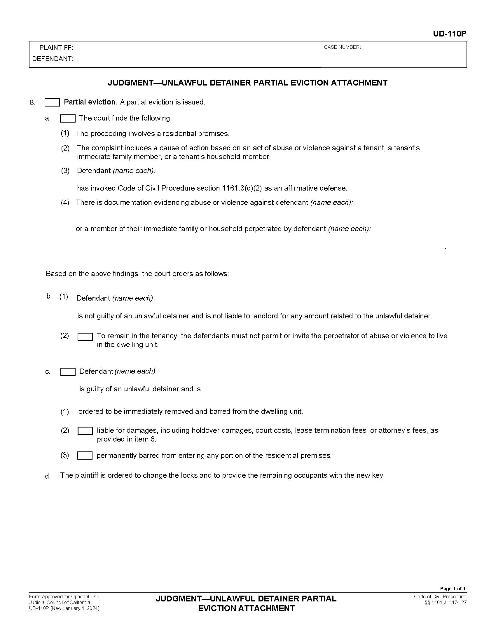 Judgment-Unlawful Detainer Partial Eviction Attachment {UD-110P} | Pdf Fpdf Docx | California