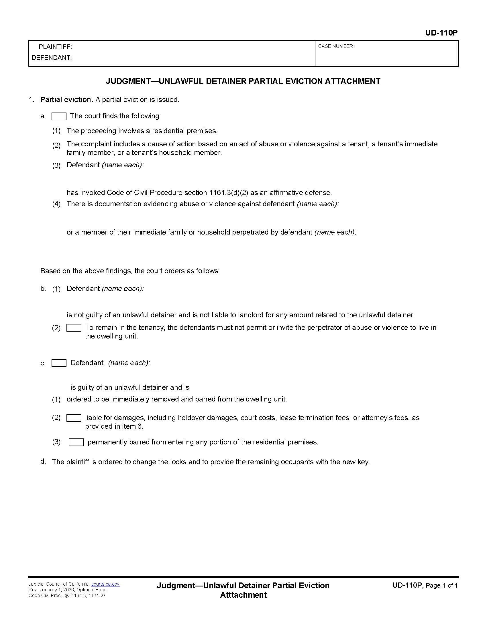 Judgment-Unlawful Detainer Partial Eviction Attachment {UD-110P} | Pdf Fpdf Docx | California