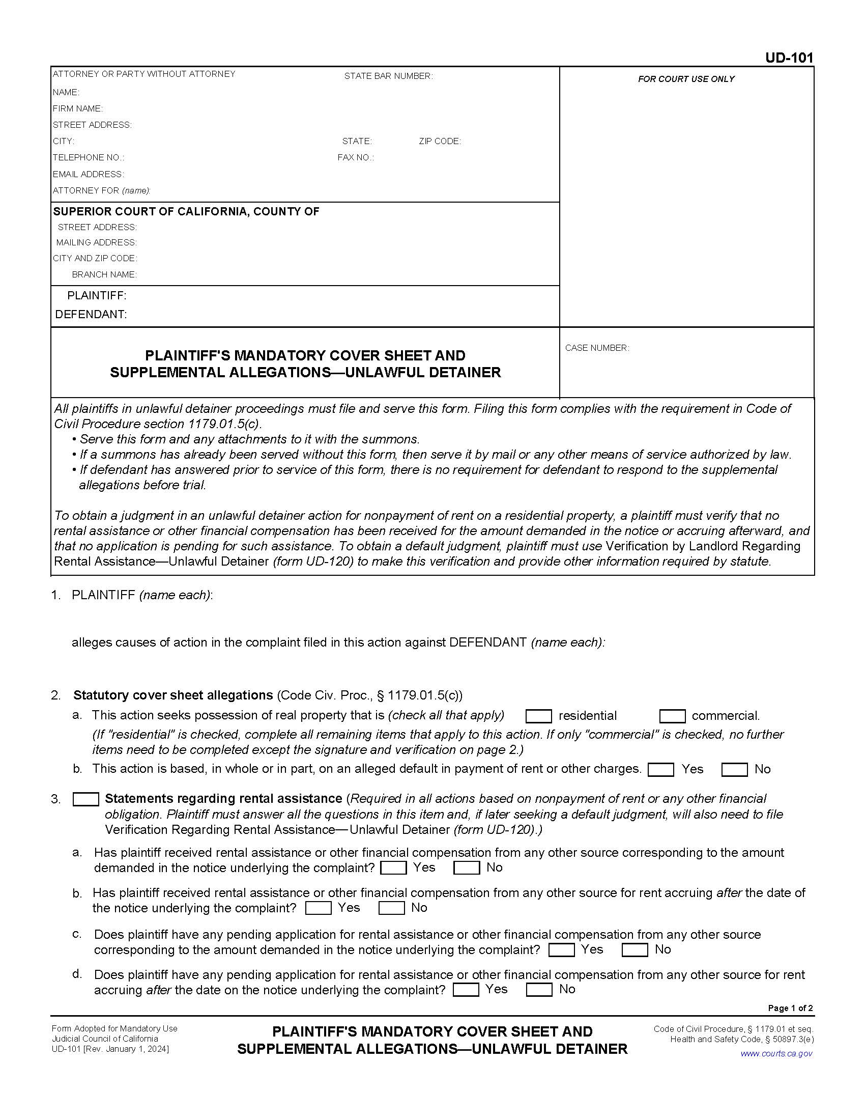 Plantiffs Mandatory Cover Sheet And Supplemental Allegations-Unlawful Detainer {UD-101} | Pdf Fpdf Docx | California