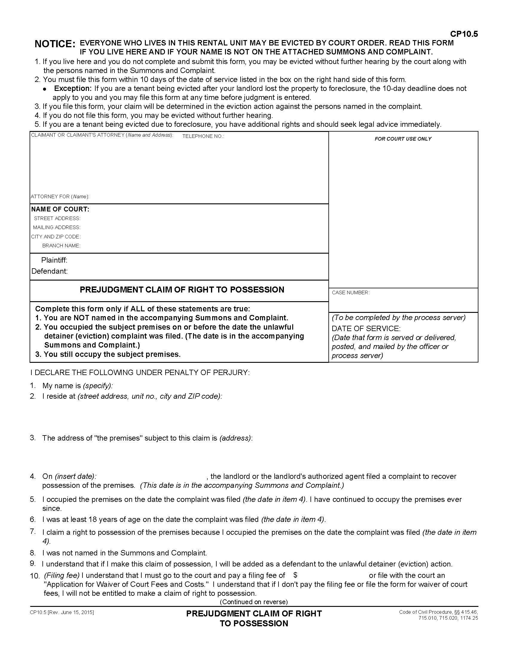 Prejudgment Claim Of Right To Possession {CP10.5} | Pdf Fpdf Docx | California