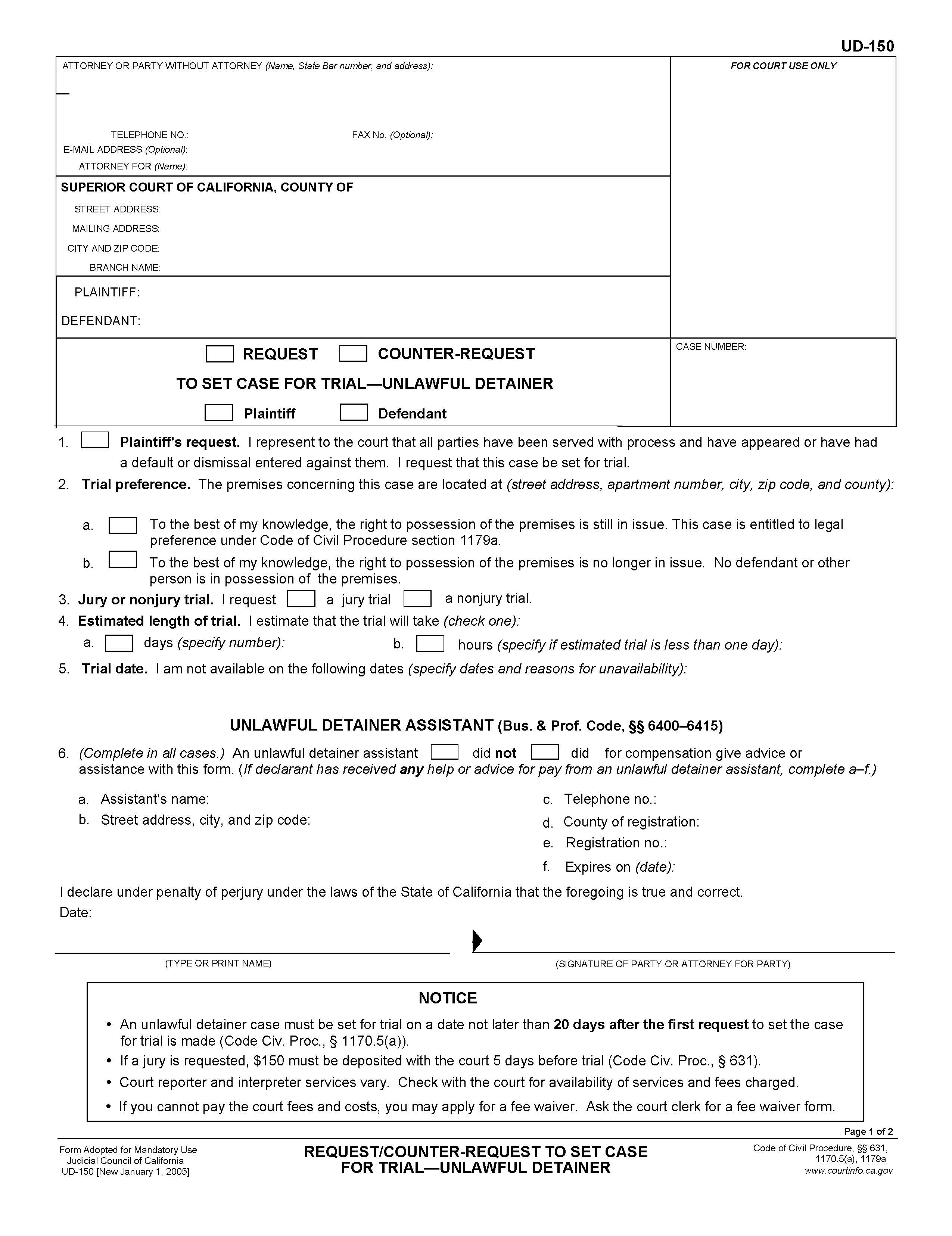 Request-Counter-Request To Set Case For Trial-Unlawful Detainer {UD-150} | Pdf Fpdf Docx | California