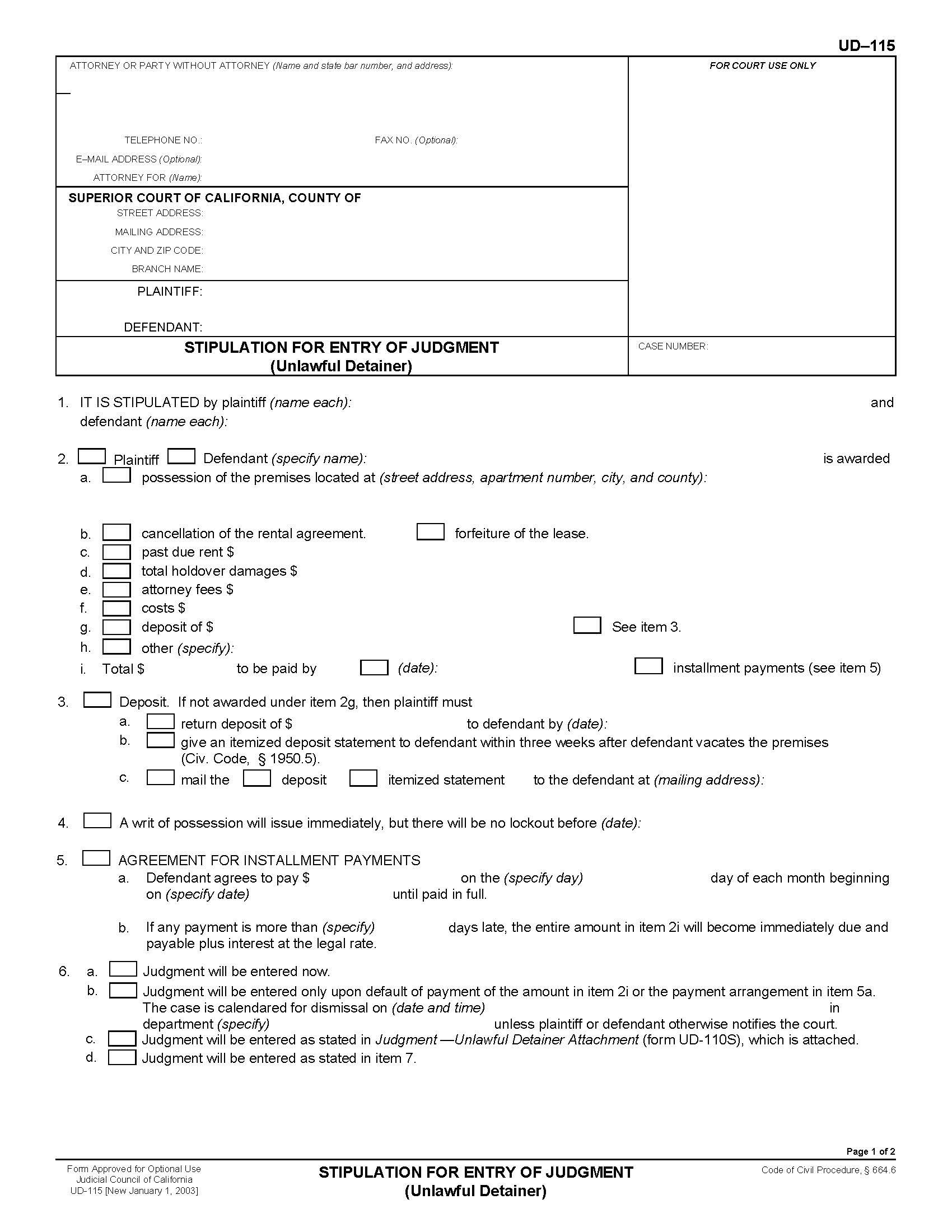 Stipulation For Entry Of Judgment (Unlawful Detainer) {UD-115} | Pdf Fpdf Doc Docx | California