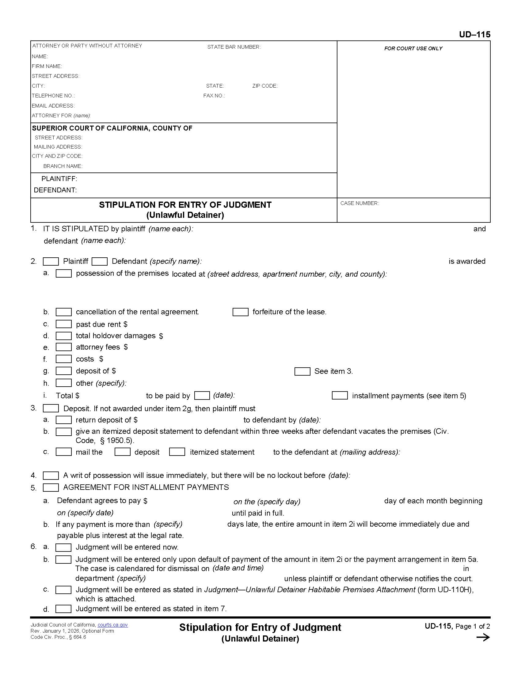 Stipulation For Entry Of Judgment (Unlawful Detainer) {UD-115} | Pdf Fpdf Doc Docx | California