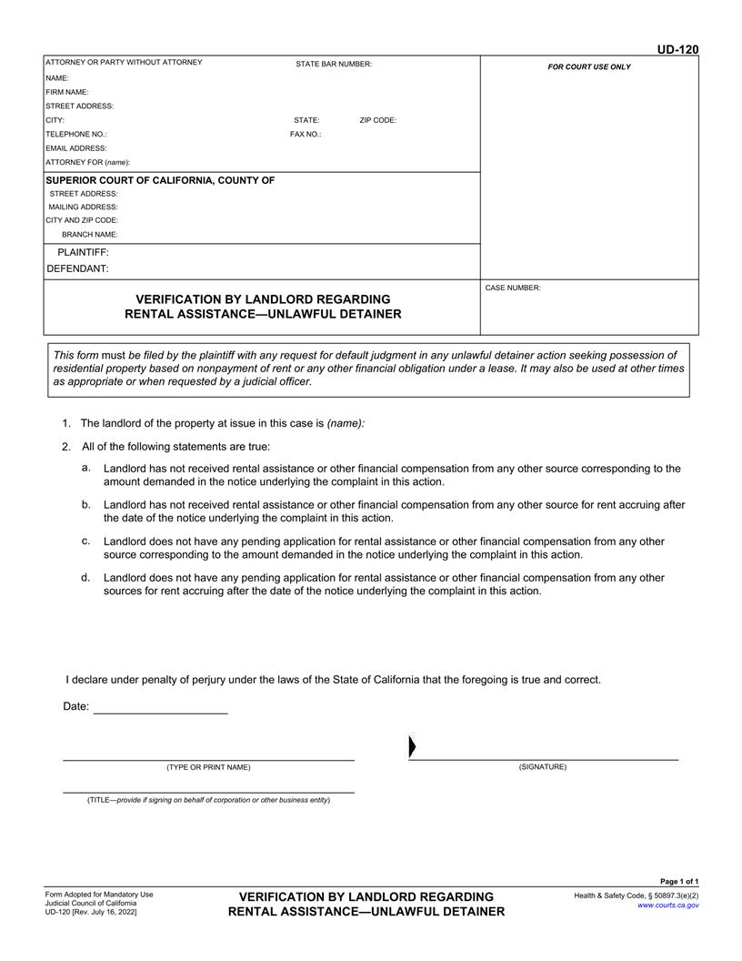Verification By Landlord Regarding Rental Assistance {UD-120} | Pdf Fpdf Docx | California