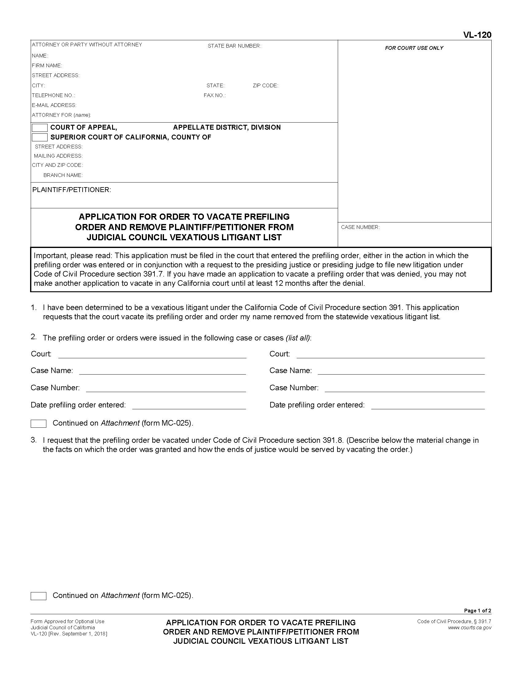 Application For Order To Vacate Prefiling Order And Remove Plaintiff-Petitioner {VL-120} | Pdf Fpdf Docx | California