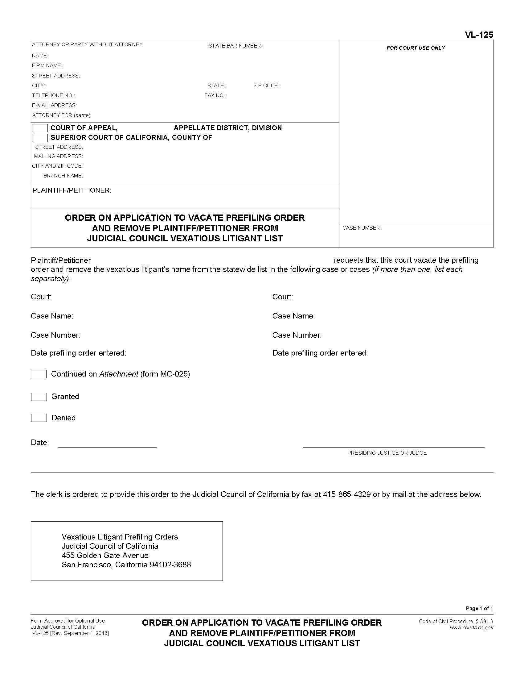 Order On Application To Vacate Prefiling Order And Remove Plaintiff-Petitioner {VL-125} | Pdf Fpdf Docx | California
