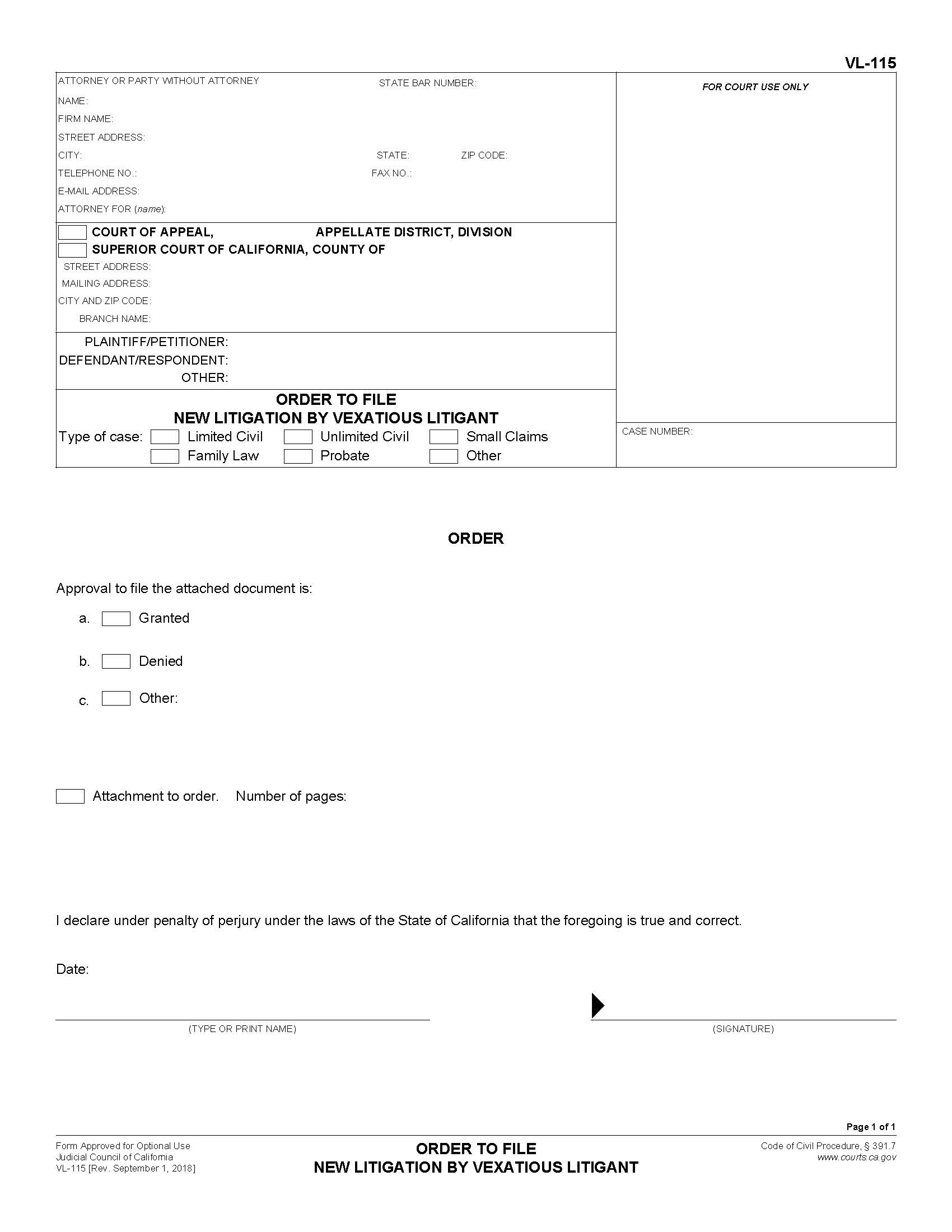 Order To File New Litigation By Vexatious Litigant {VL-115} | Pdf Fpdf Docx | California