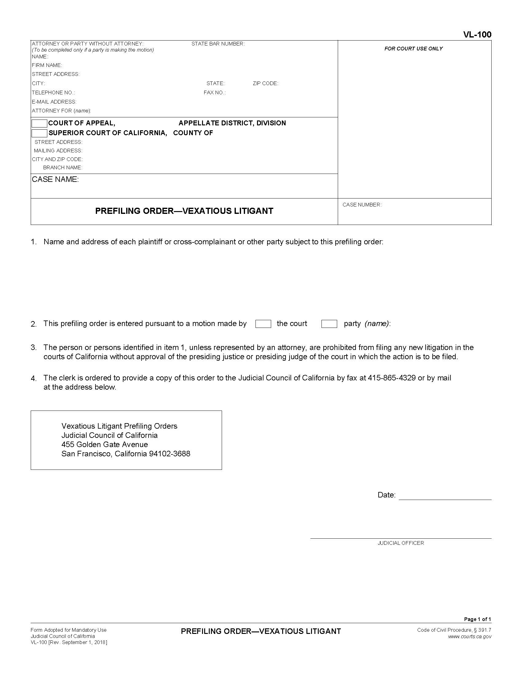 Prefiling Order-Vexatious Litigant {VL-100} | Pdf Fpdf Docx | California