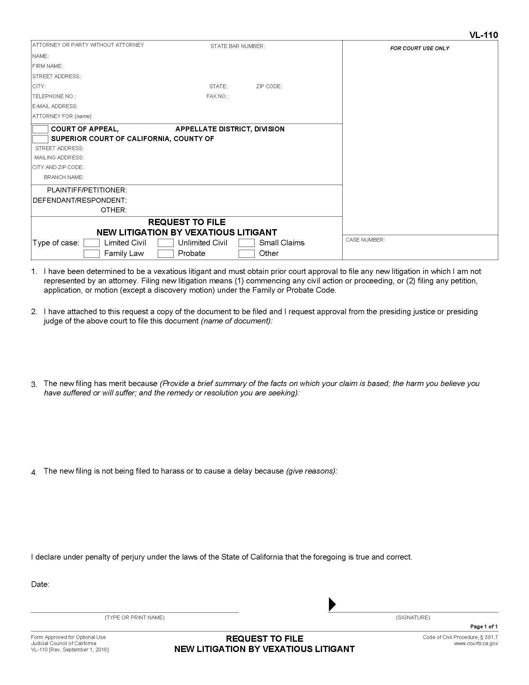 Request And Order To File New Litigation By Vexatious Litigant {VL-110} | Pdf Fpdf Docx | California