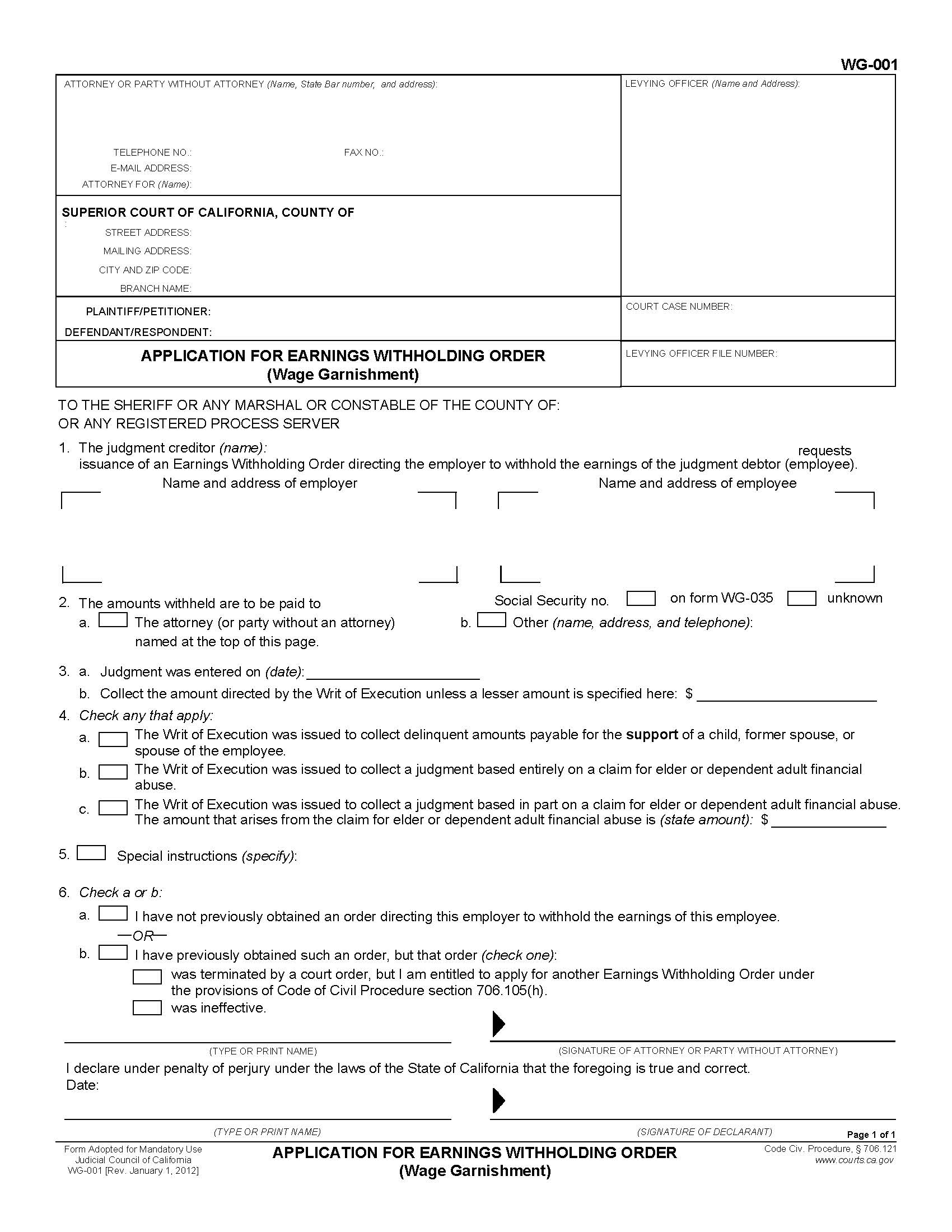 Application For Earnings Withholding Order {WG-001} | Pdf Fpdf Docx | California