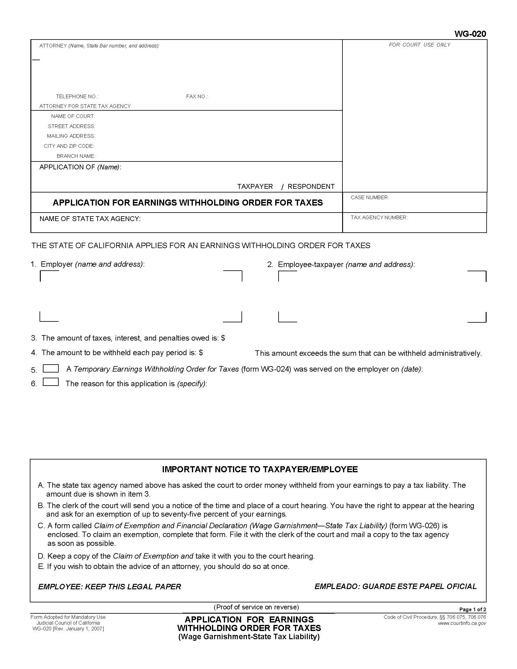Application For Earnings Witholding Order For Taxes {WG-020} | Pdf Fpdf Docx | California