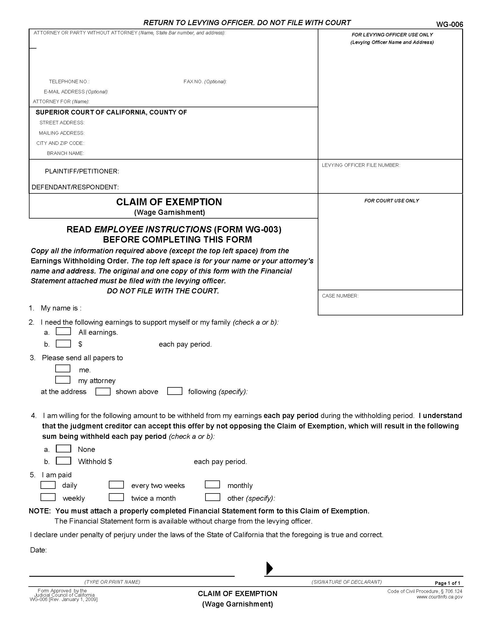 Claim Of Exemption (Wage Garnishment) {WG-006} | Pdf Fpdf Doc Docx | California