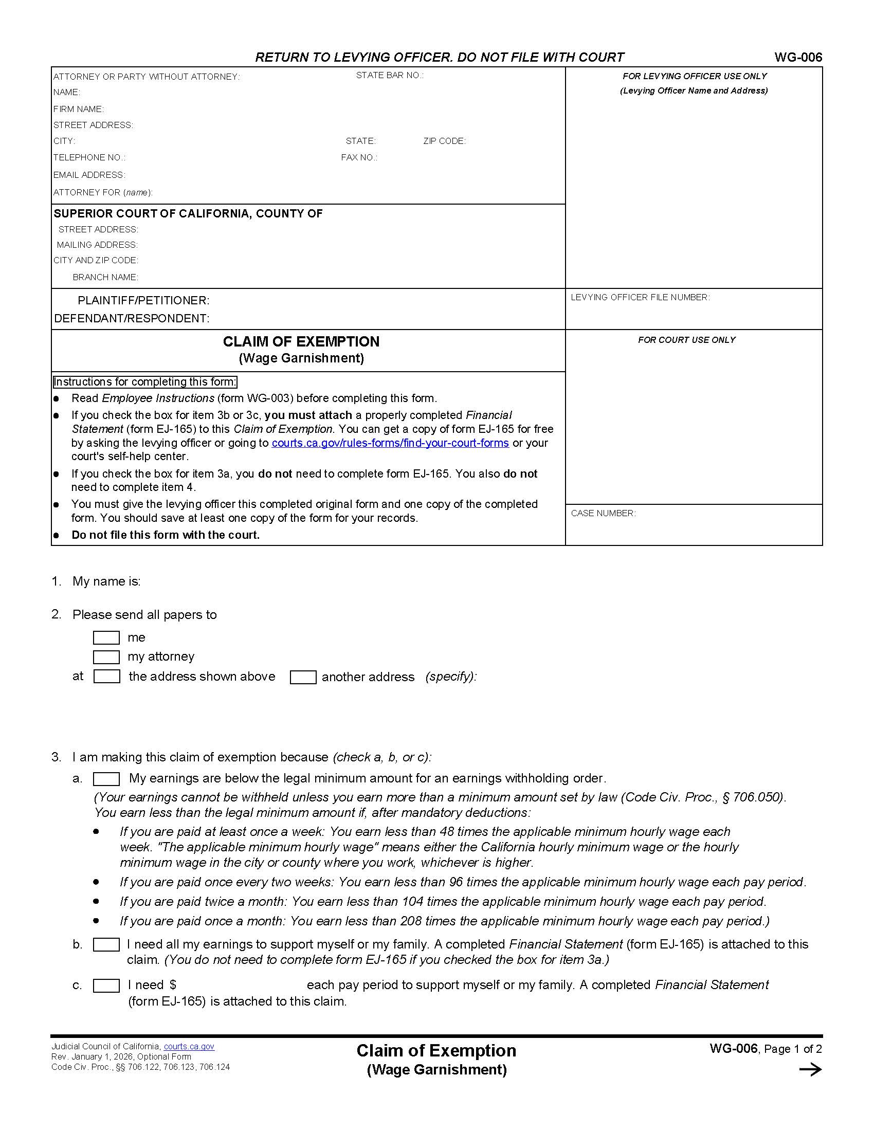 Claim Of Exemption (Wage Garnishment) {WG-006} | Pdf Fpdf Doc Docx | California
