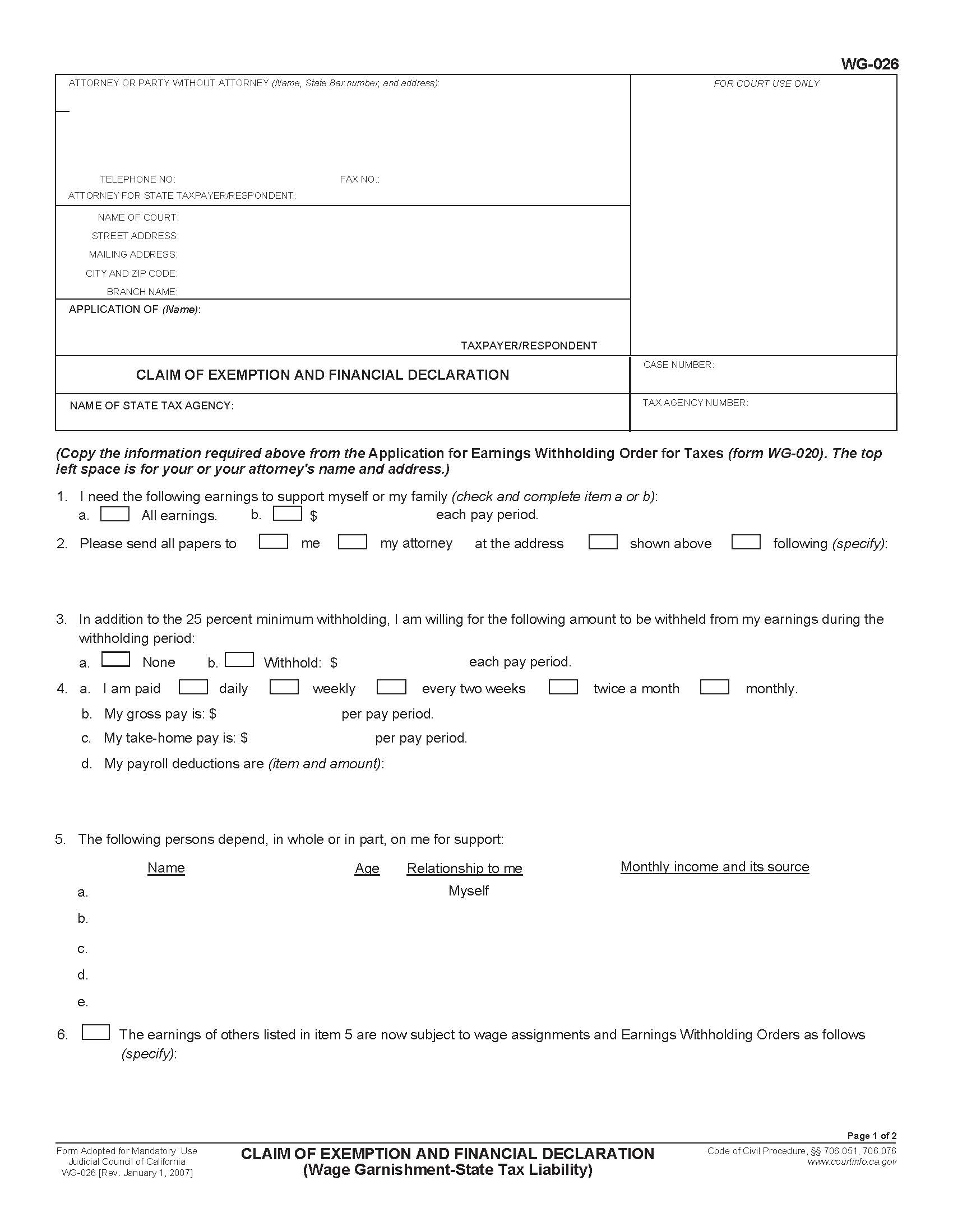 Claim Of Exemption And Financial Declaration {WG-026} | Pdf Fpdf Doc Docx | California