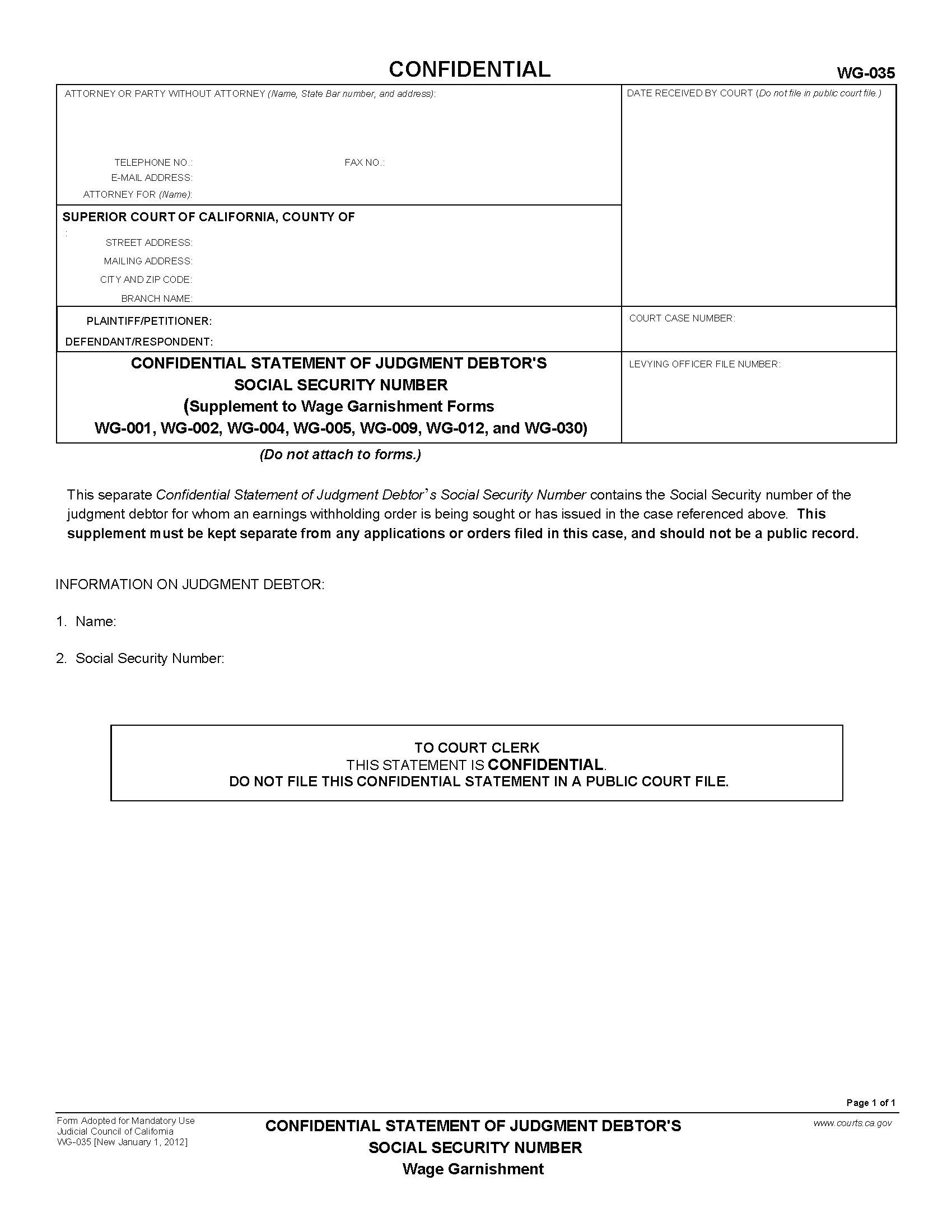 Confidential Statement Of Judgment Debtors Social Security Number {WG-035} | Pdf Fpdf Doc Docx | California